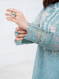 Blue Manahil Arts Khaddi Net Embellished Stitched 3-Piece Suit-Aqua Opulence