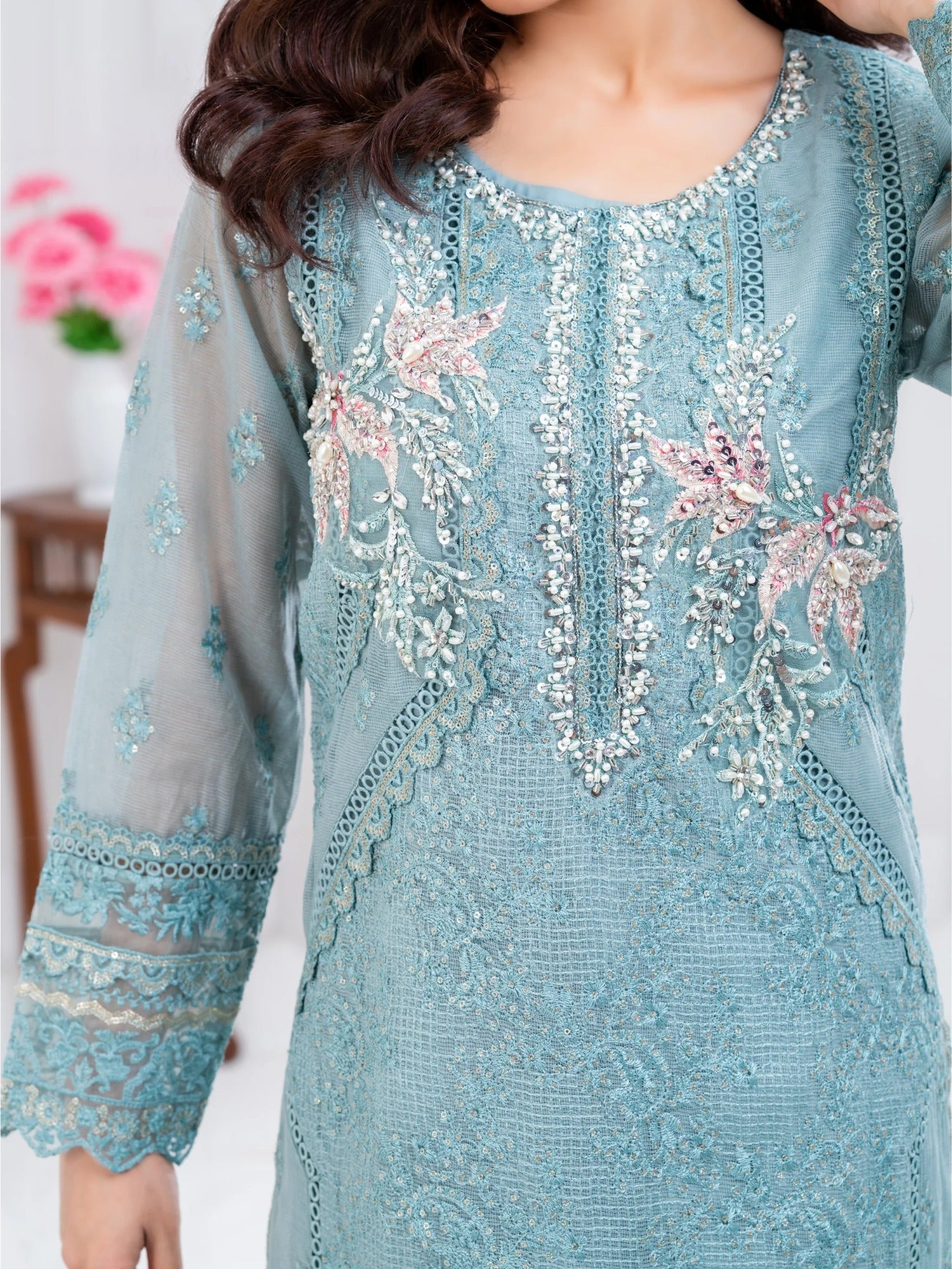 Blue Manahil Arts Khaddi Net Embellished Stitched 3-Piece Suit-Aqua Opulence