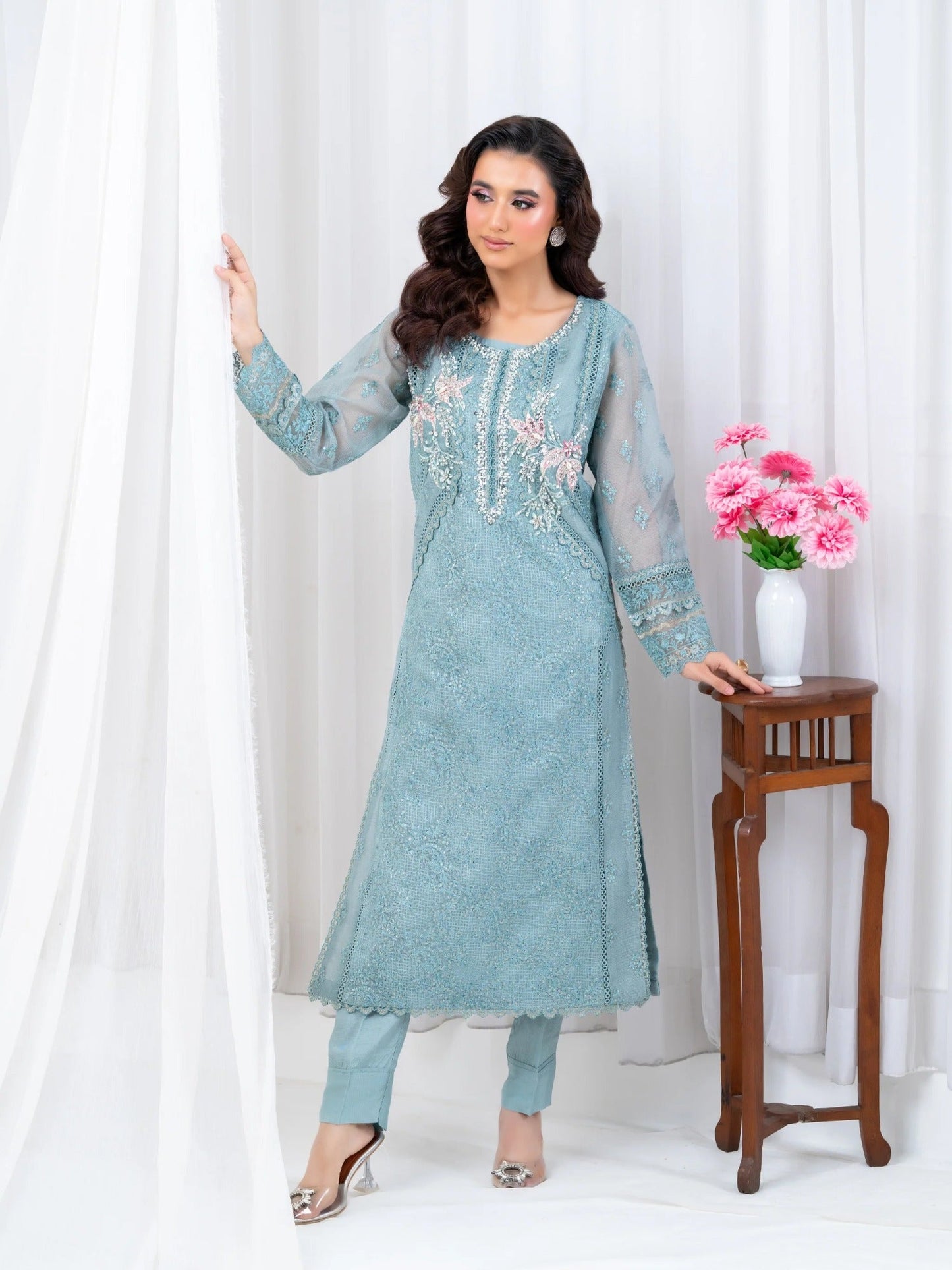 Blue Manahil Arts Khaddi Net Embellished Stitched 3-Piece Suit-Aqua Opulence
