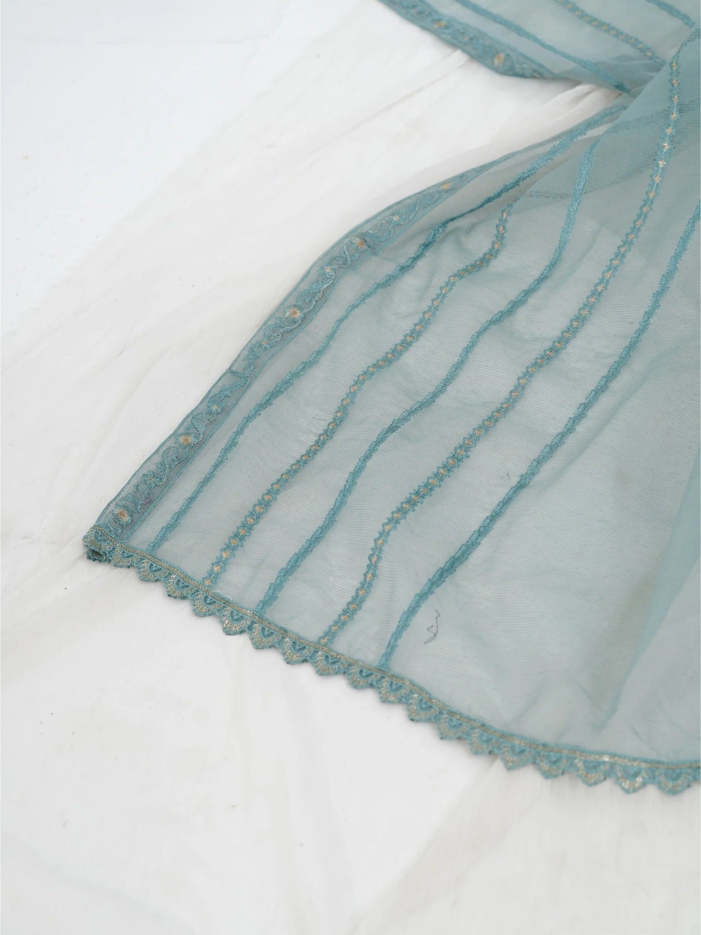 Blue Manahil Arts Khaddi Net Embellished Stitched 3-Piece Suit-Aqua Opulence