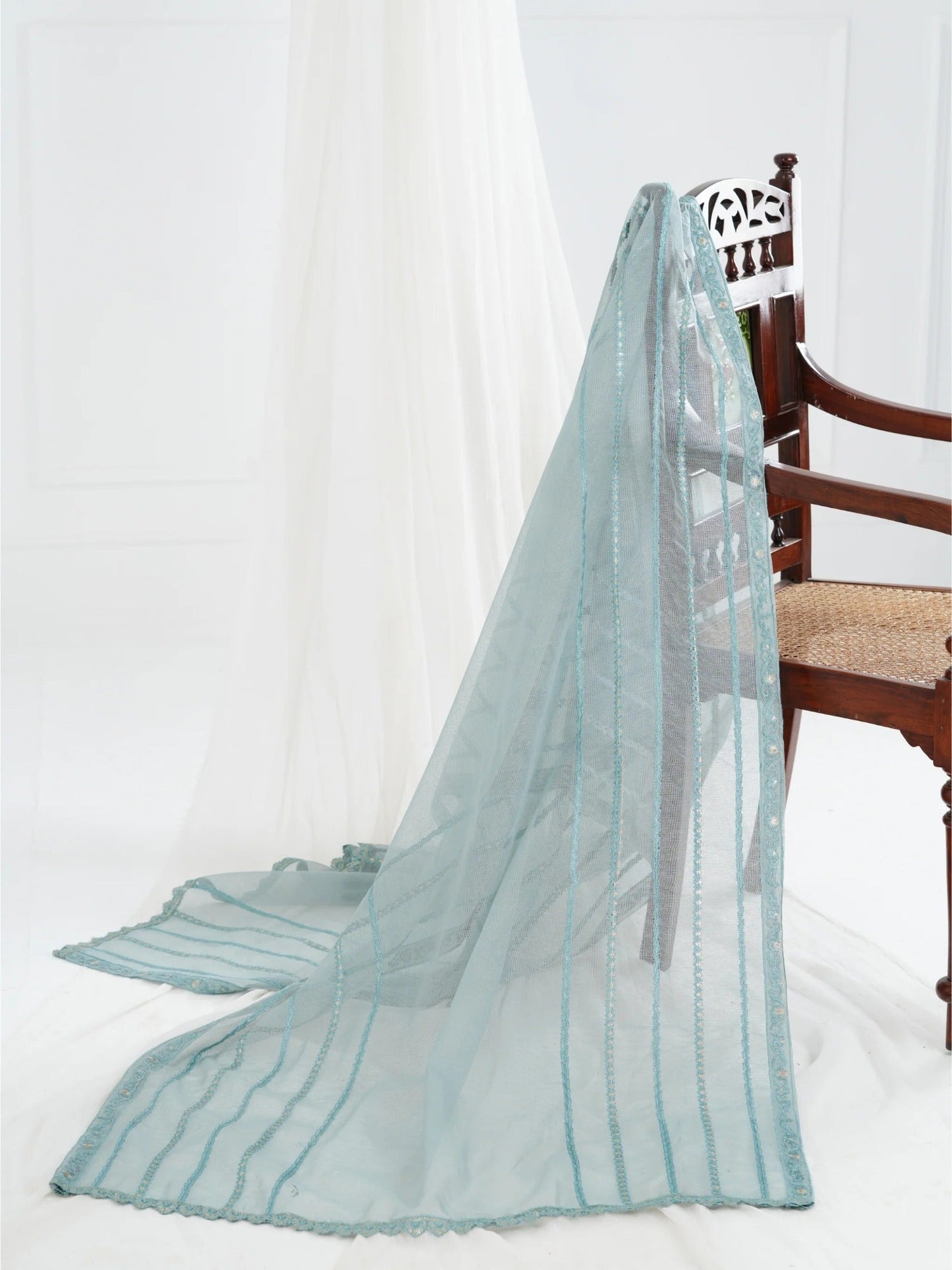 Blue Manahil Arts Khaddi Net Embellished Stitched 3-Piece Suit-Aqua Opulence