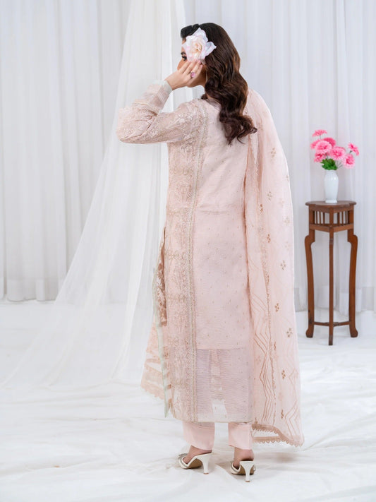 Pink Manahil Arts Khaddi Net Embellished Stitched 3-Piece Suit-Rose Elegancia