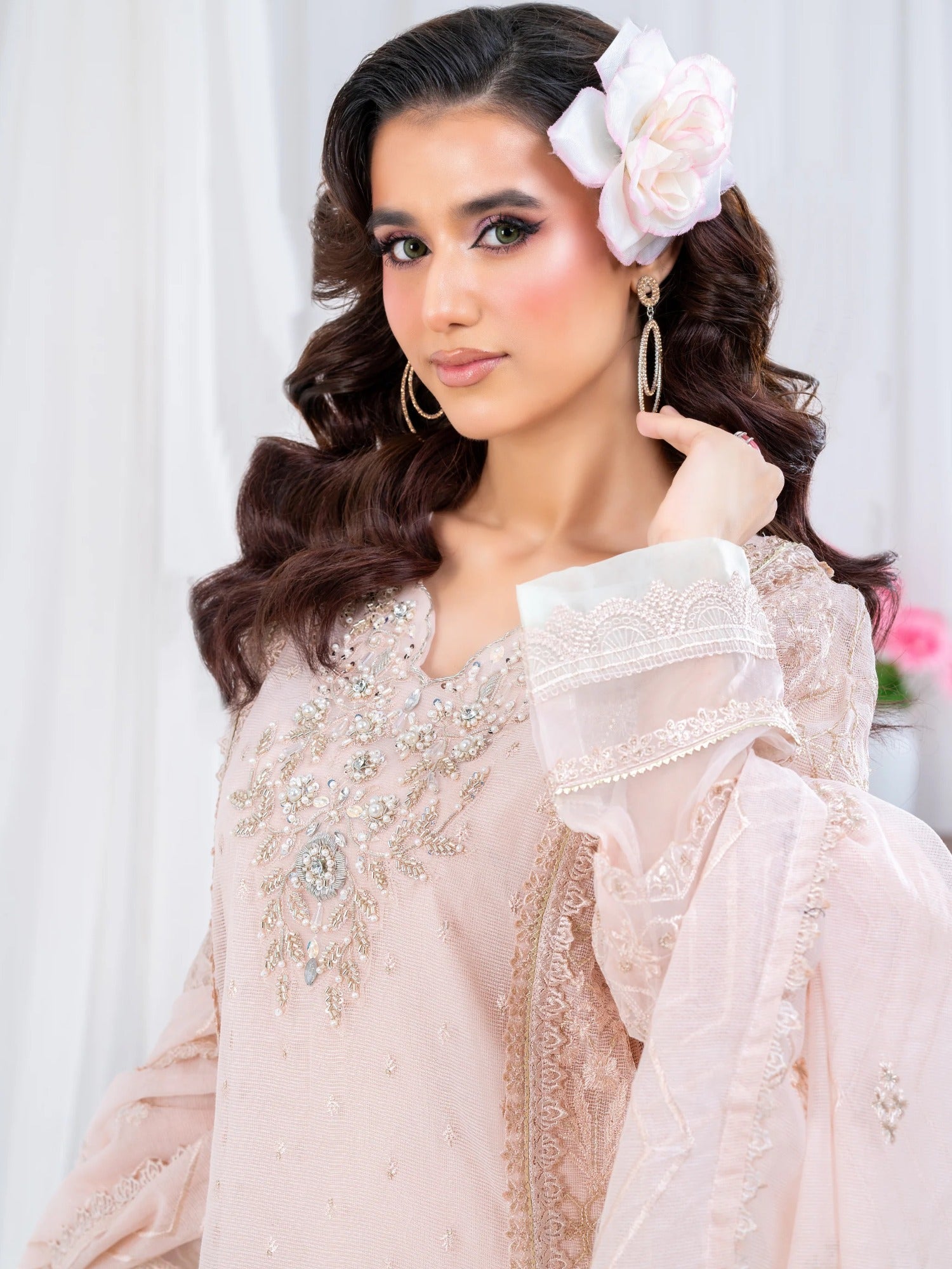 Pink Manahil Arts Khaddi Net Embellished Stitched 3-Piece Suit-Rose Elegancia