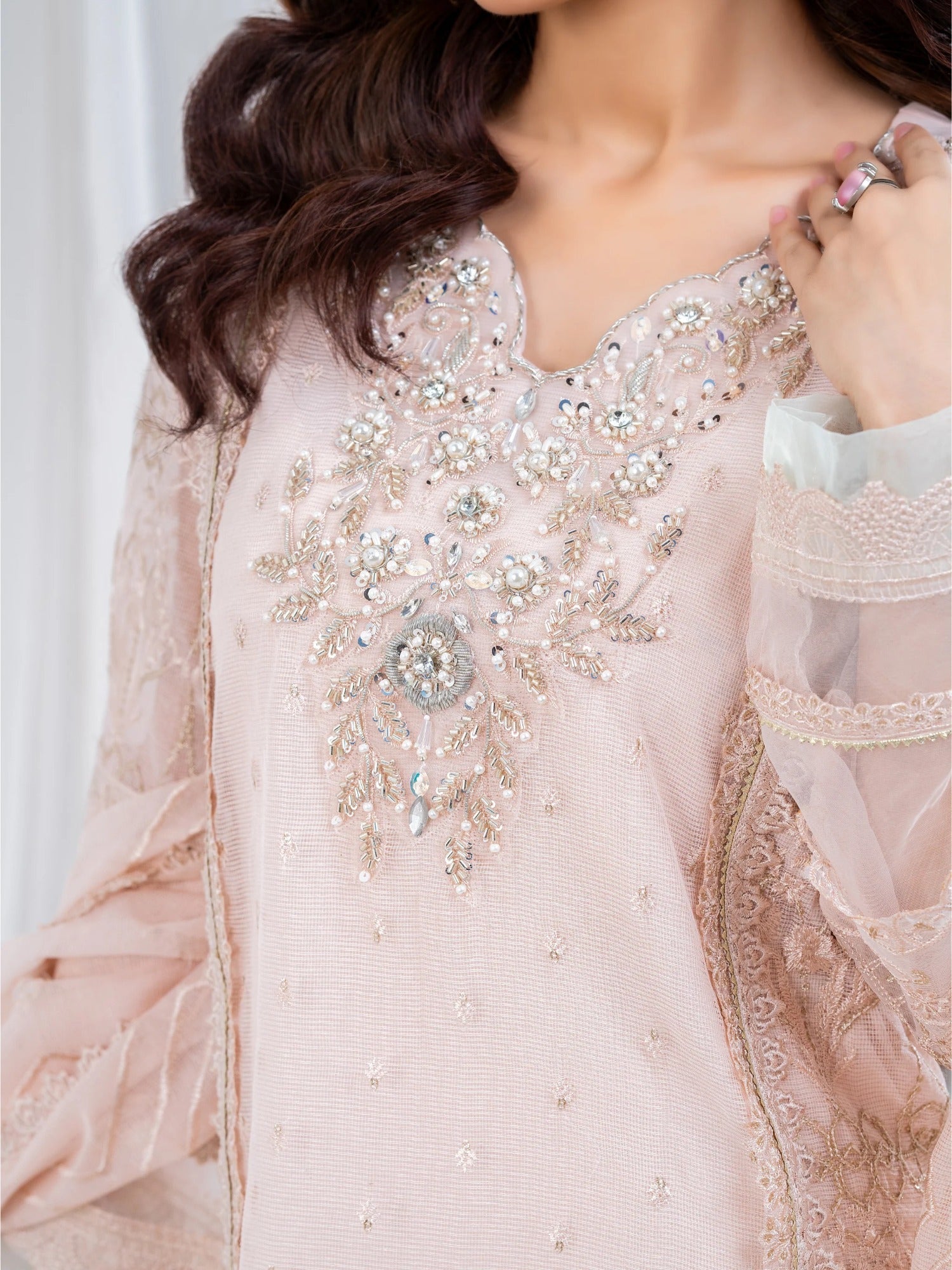 Pink Manahil Arts Khaddi Net Embellished Stitched 3-Piece Suit-Rose Elegancia