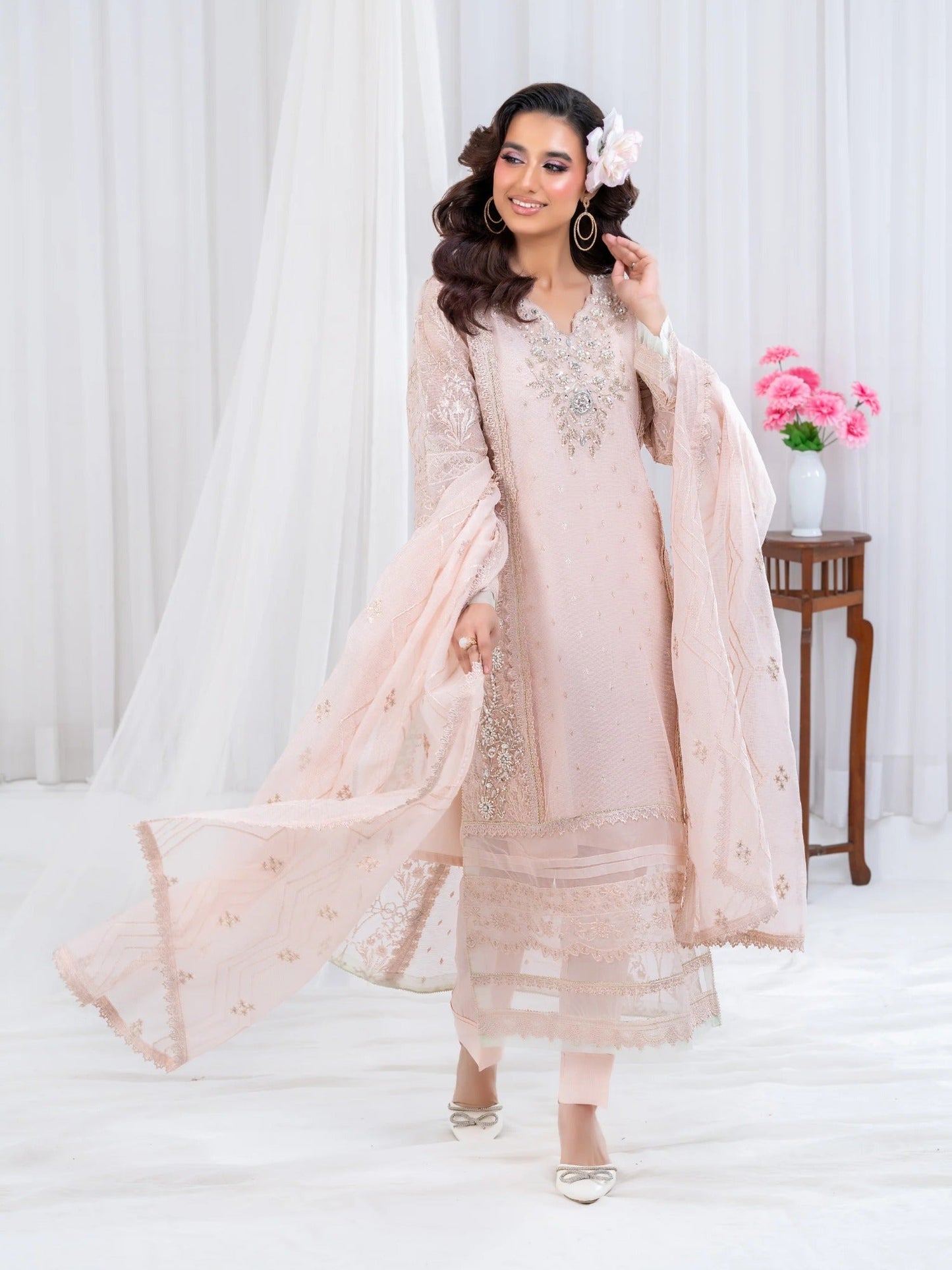 Pink Manahil Arts Khaddi Net Embellished Stitched 3-Piece Suit-Rose Elegancia
