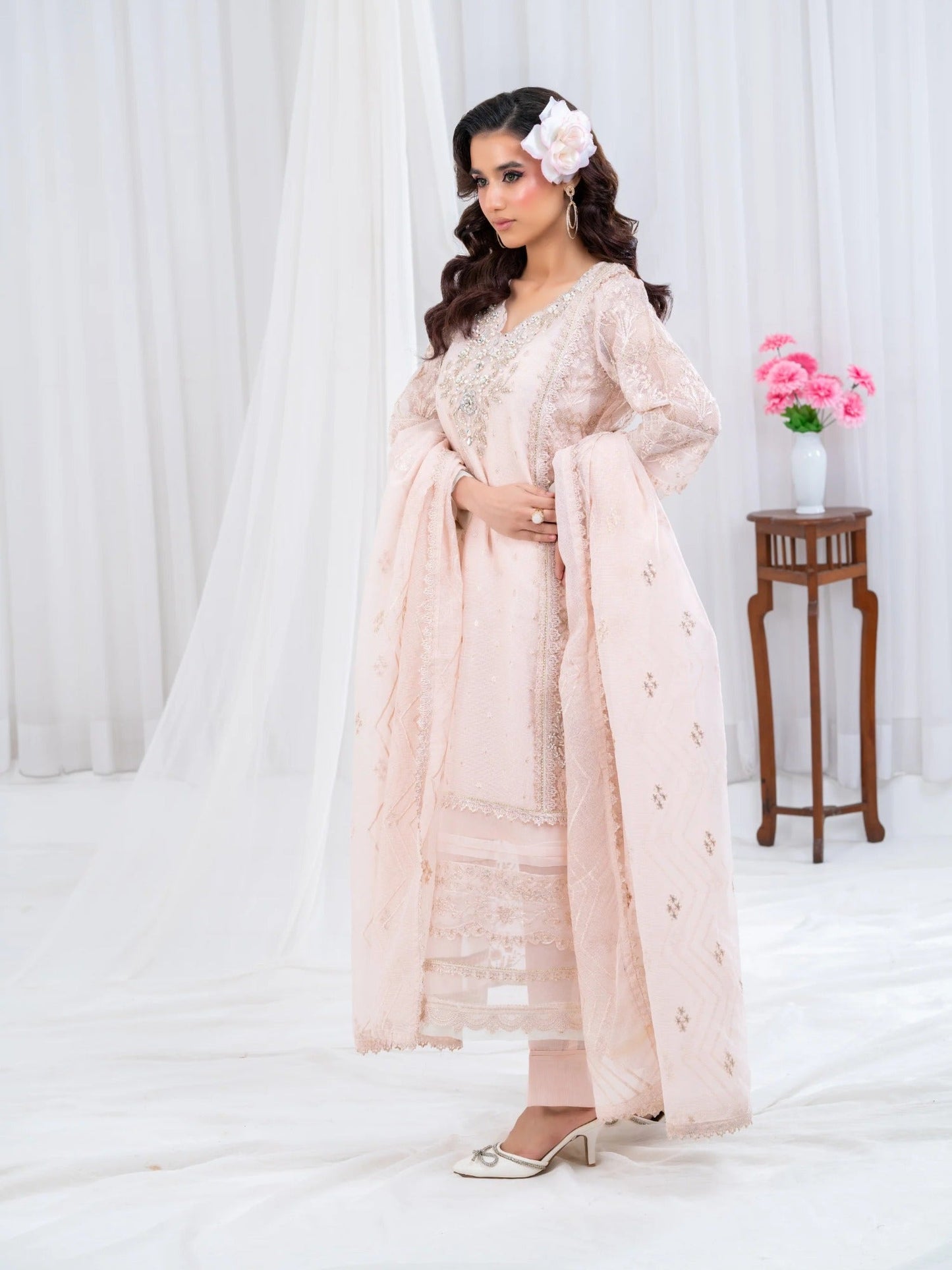 Pink Manahil Arts Khaddi Net Embellished Stitched 3-Piece Suit-Rose Elegancia
