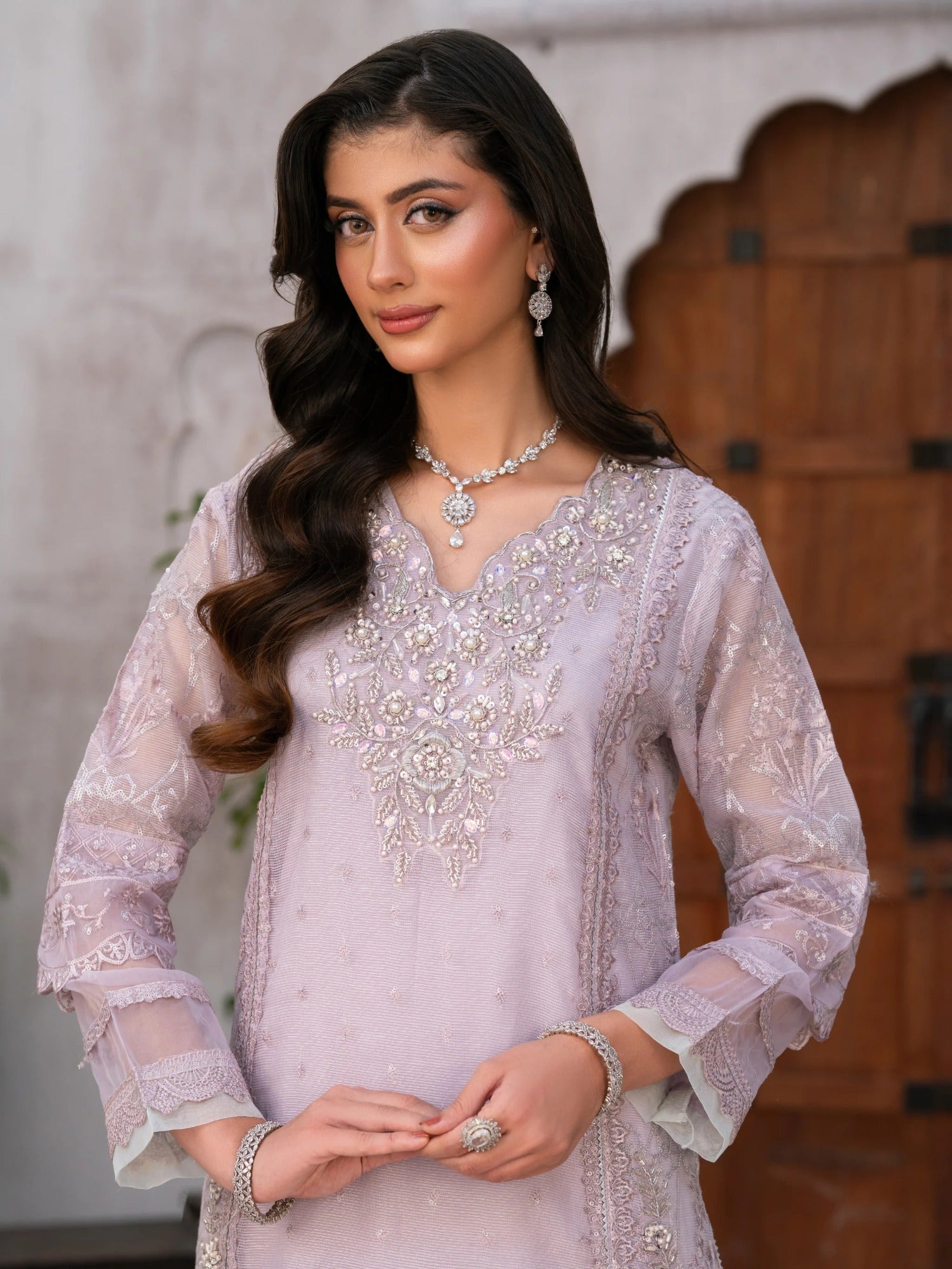 Lilac Manahil Arts Khaddi Net Embellished Stitched 3-Piece Suit-Lilac Lane