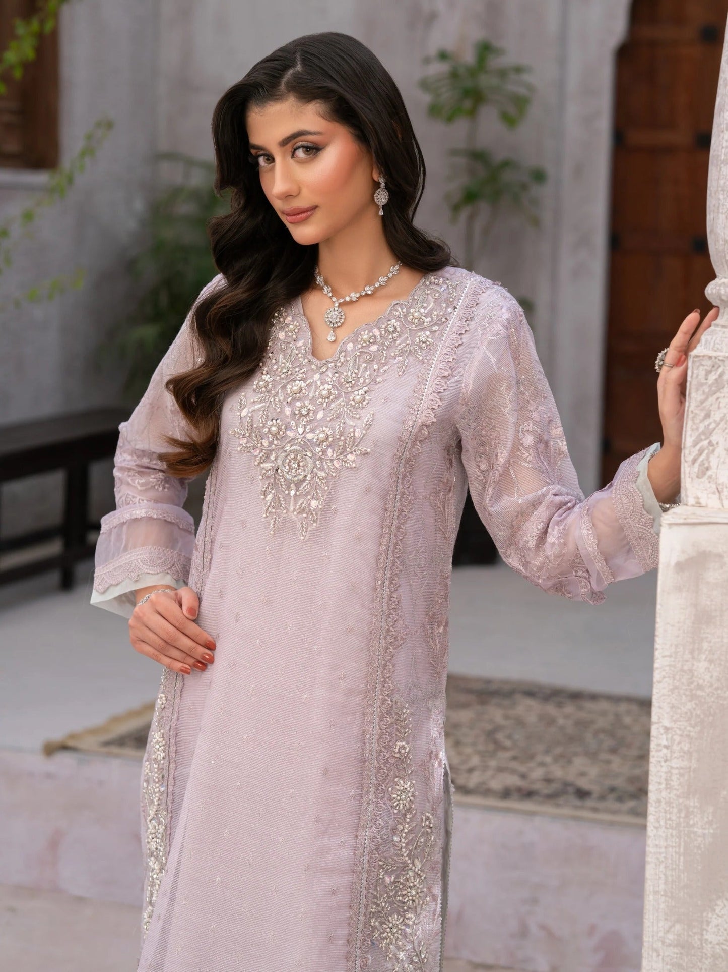 Lilac Manahil Arts Khaddi Net Embellished Stitched 3-Piece Suit-Lilac Lane