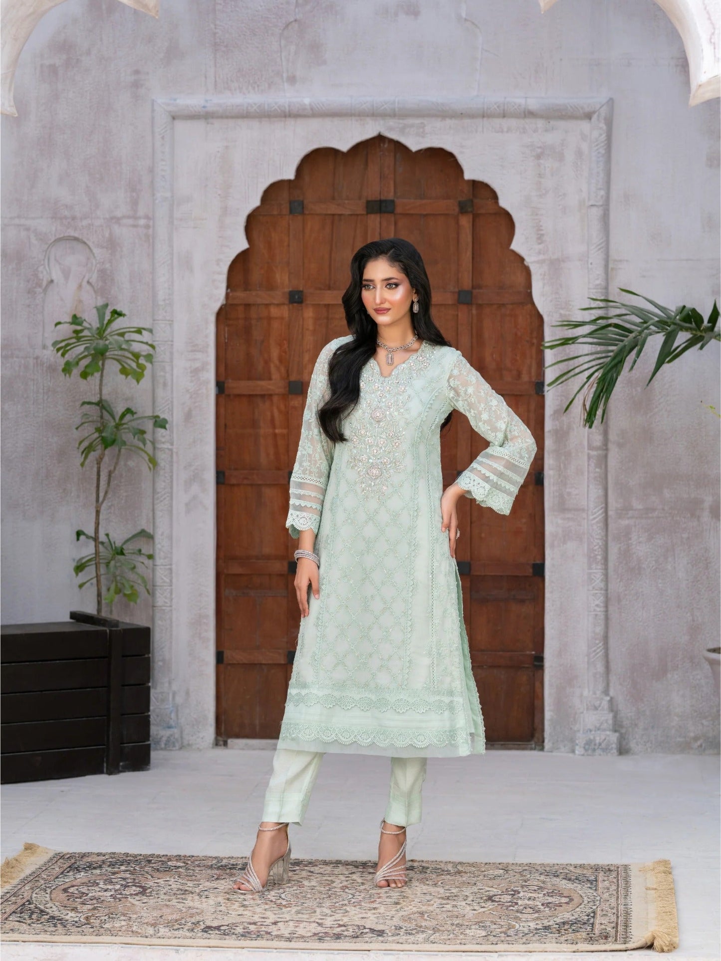 Mint Green Manahil Arts Chiffon Embroidered Stitched 3-Piece Suit-Mint Blossom