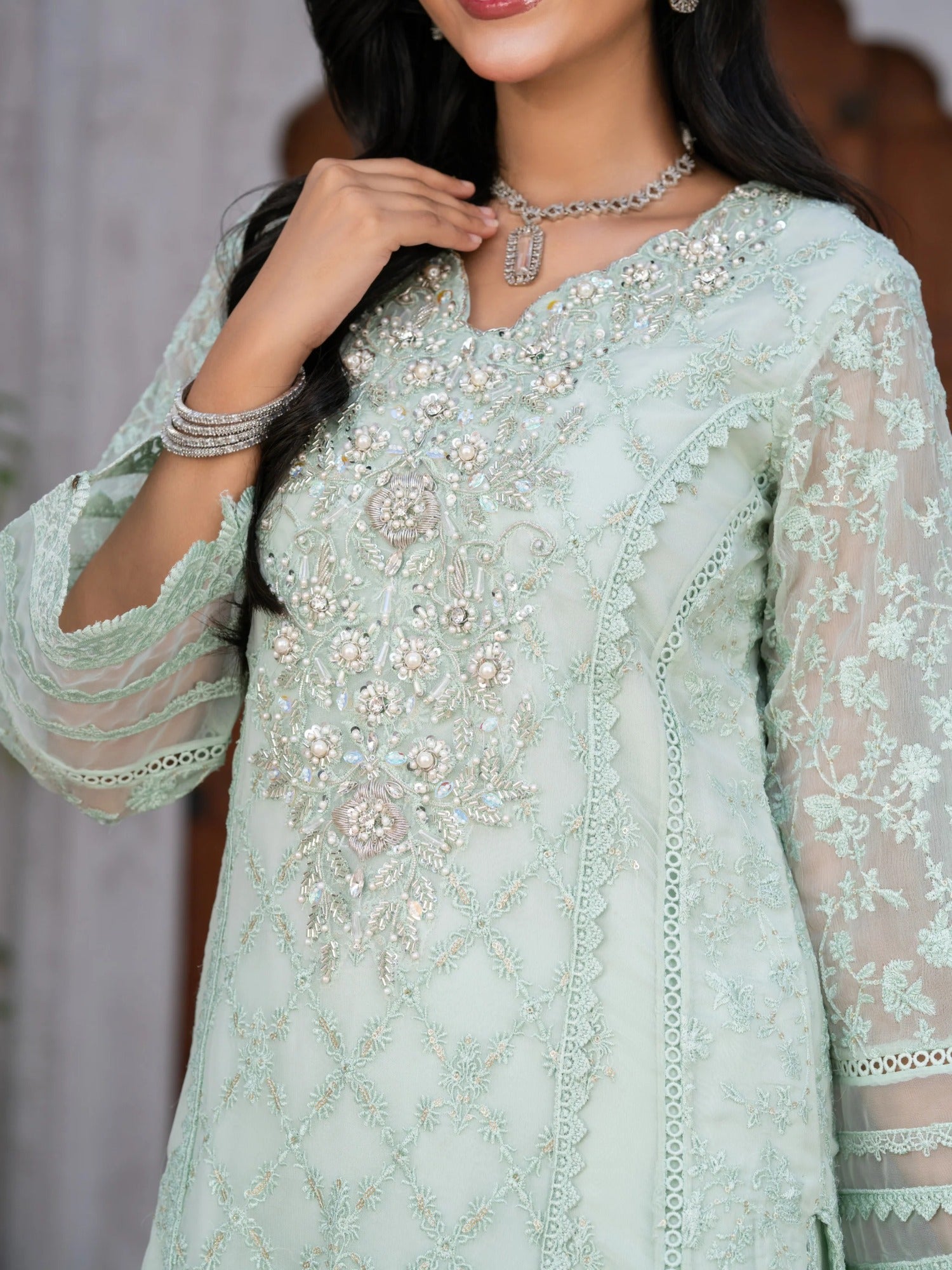 Mint Green Manahil Arts Chiffon Embroidered Stitched 3-Piece Suit-Mint Blossom