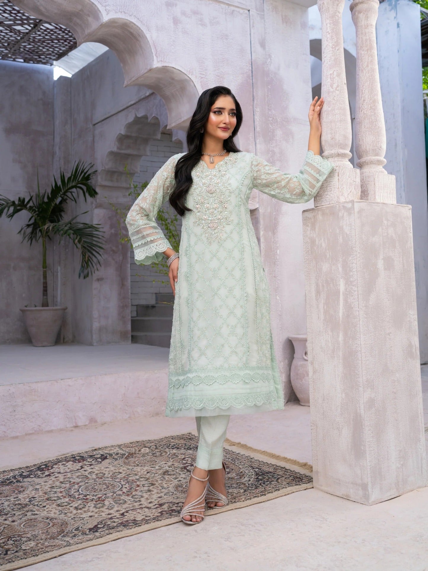 Mint Green Manahil Arts Chiffon Embroidered Stitched 3-Piece Suit-Mint Blossom