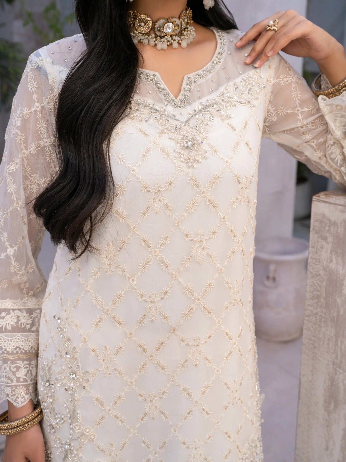 Ivory Manahil Arts Chiffon Embellished Stitched 3-Piece Suit-Pearl Serenity