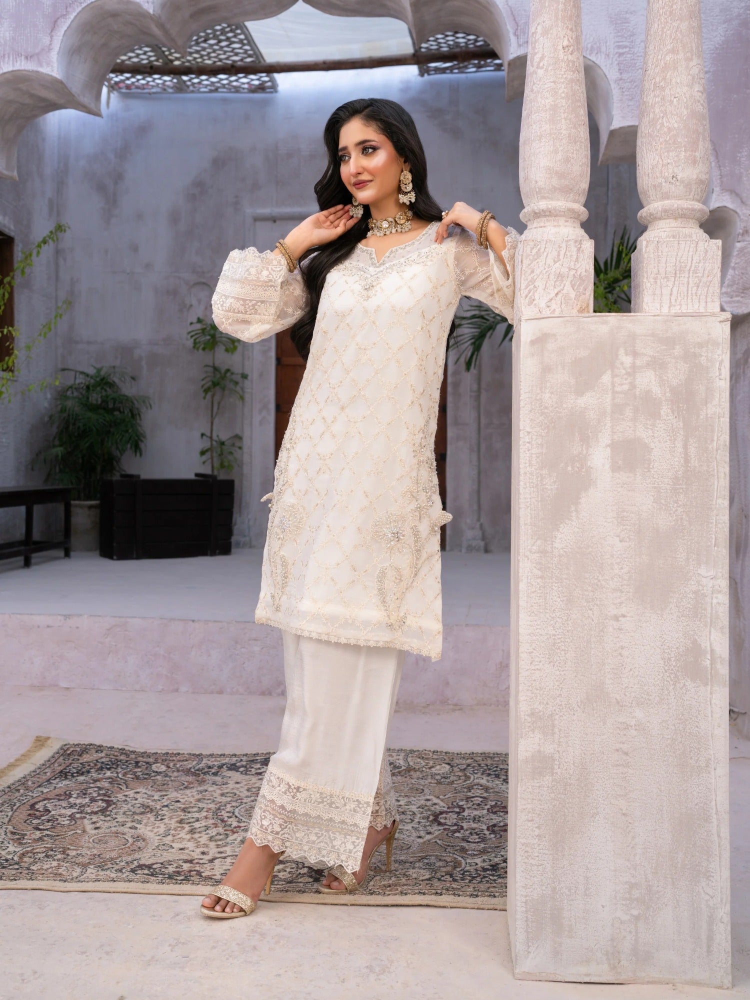 Ivory Manahil Arts Chiffon Embellished Stitched 3-Piece Suit-Pearl Serenity