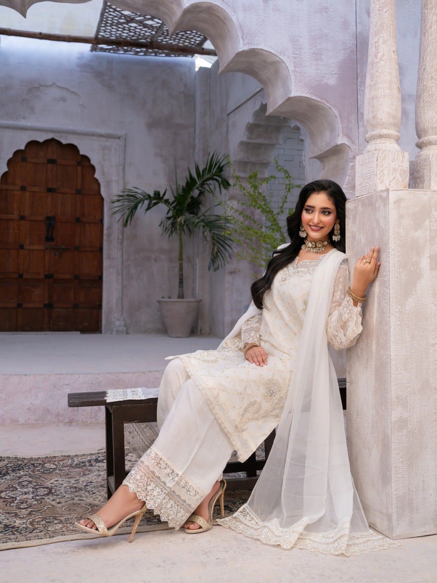 Ivory Manahil Arts Chiffon Embellished Stitched 3-Piece Suit-Pearl Serenity
