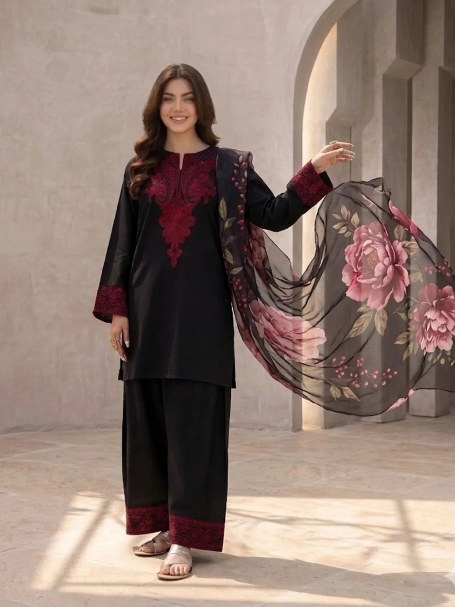 Black-Pyara Jora Embroidered Stitched 3-Piece Suit-Black Rose