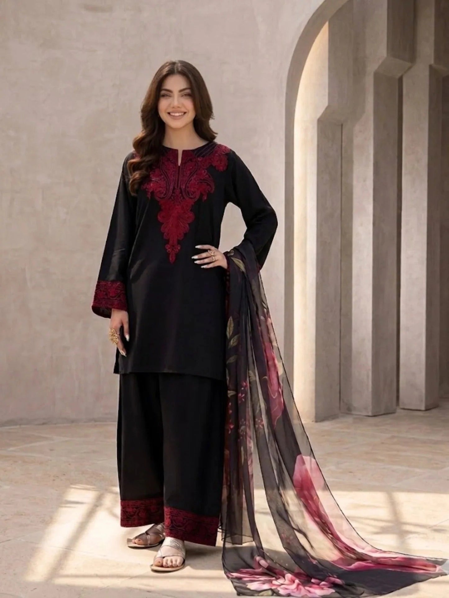 Black-Pyara Jora Embroidered Stitched 3-Piece Suit-Black Rose