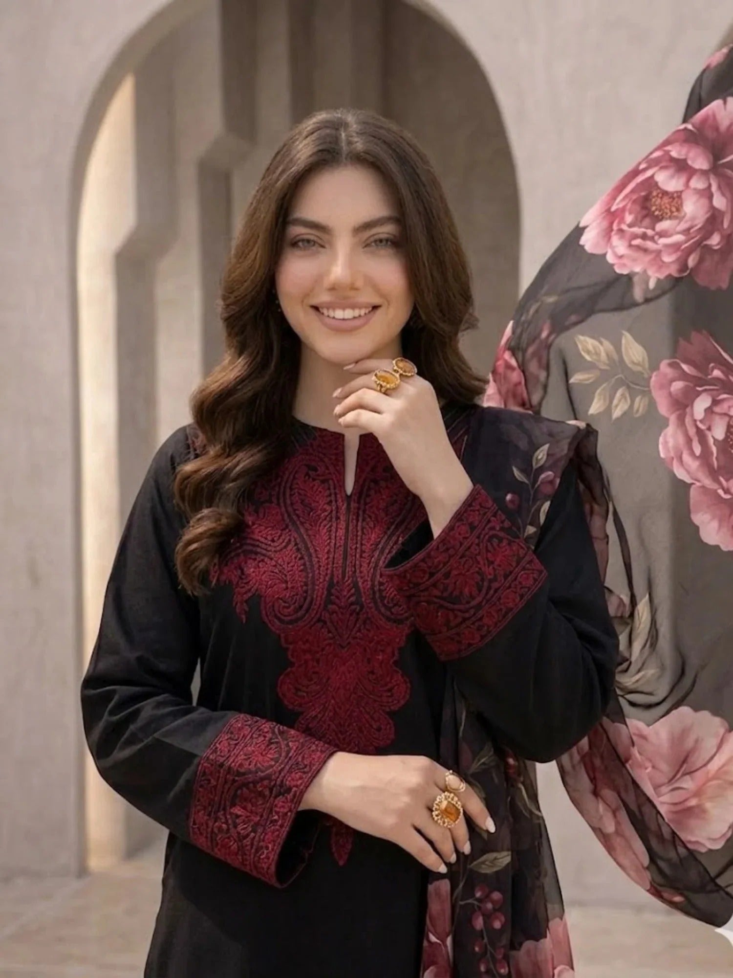 Black-Pyara Jora Embroidered Stitched 3-Piece Suit-Black Rose