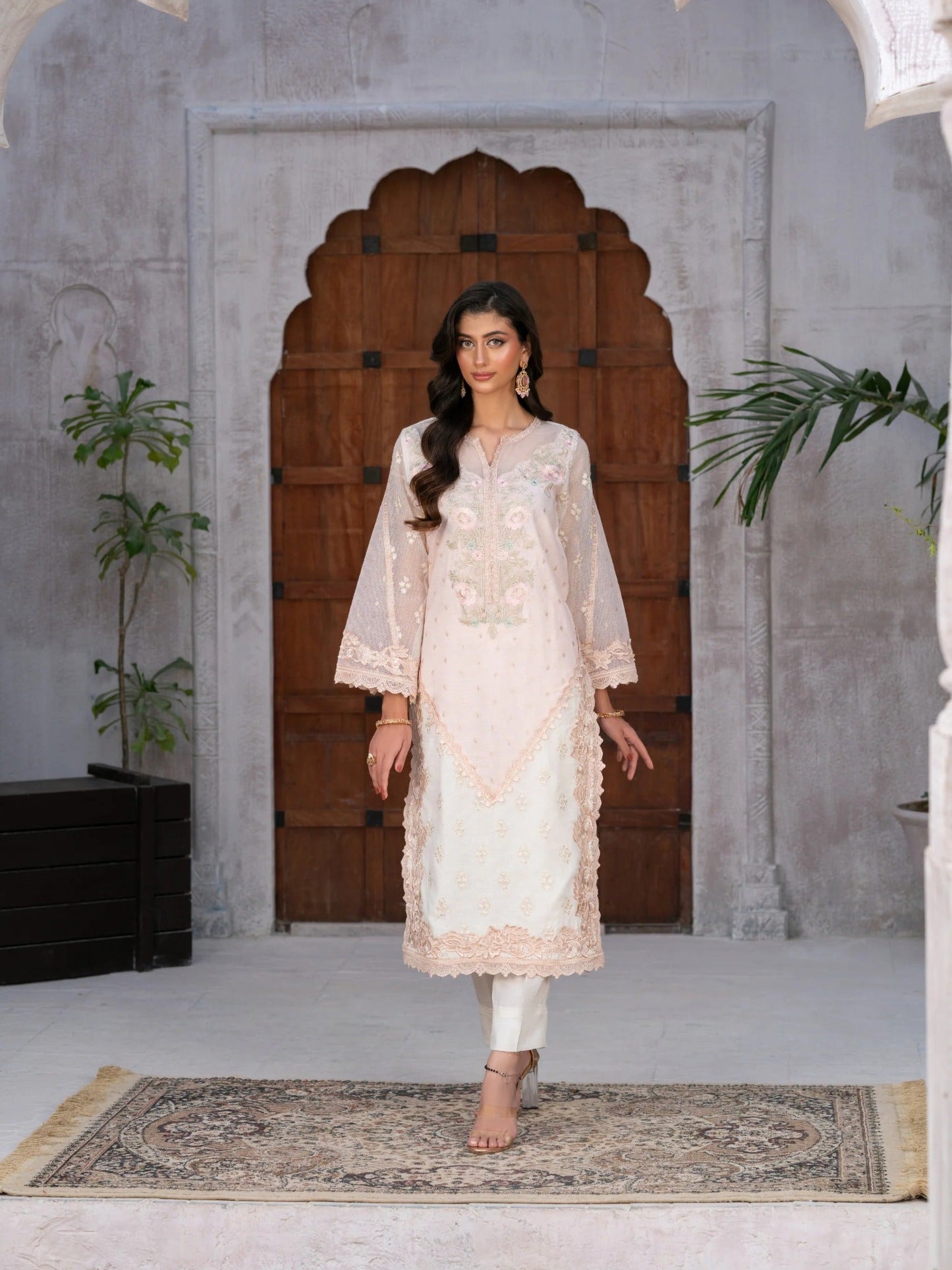 Ivory Manahil Arts Khaddi Net Embroidered Stitched 3-Piece Suit-Blushing Éclat