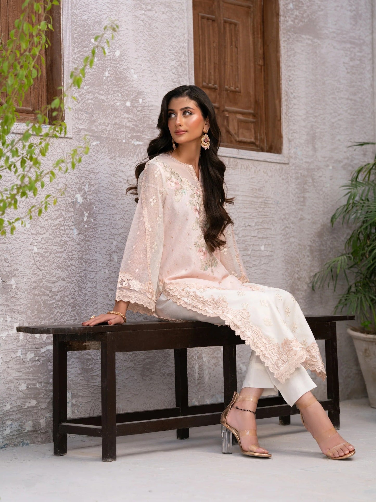 Ivory Manahil Arts Khaddi Net Embroidered Stitched 3-Piece Suit-Blushing Éclat