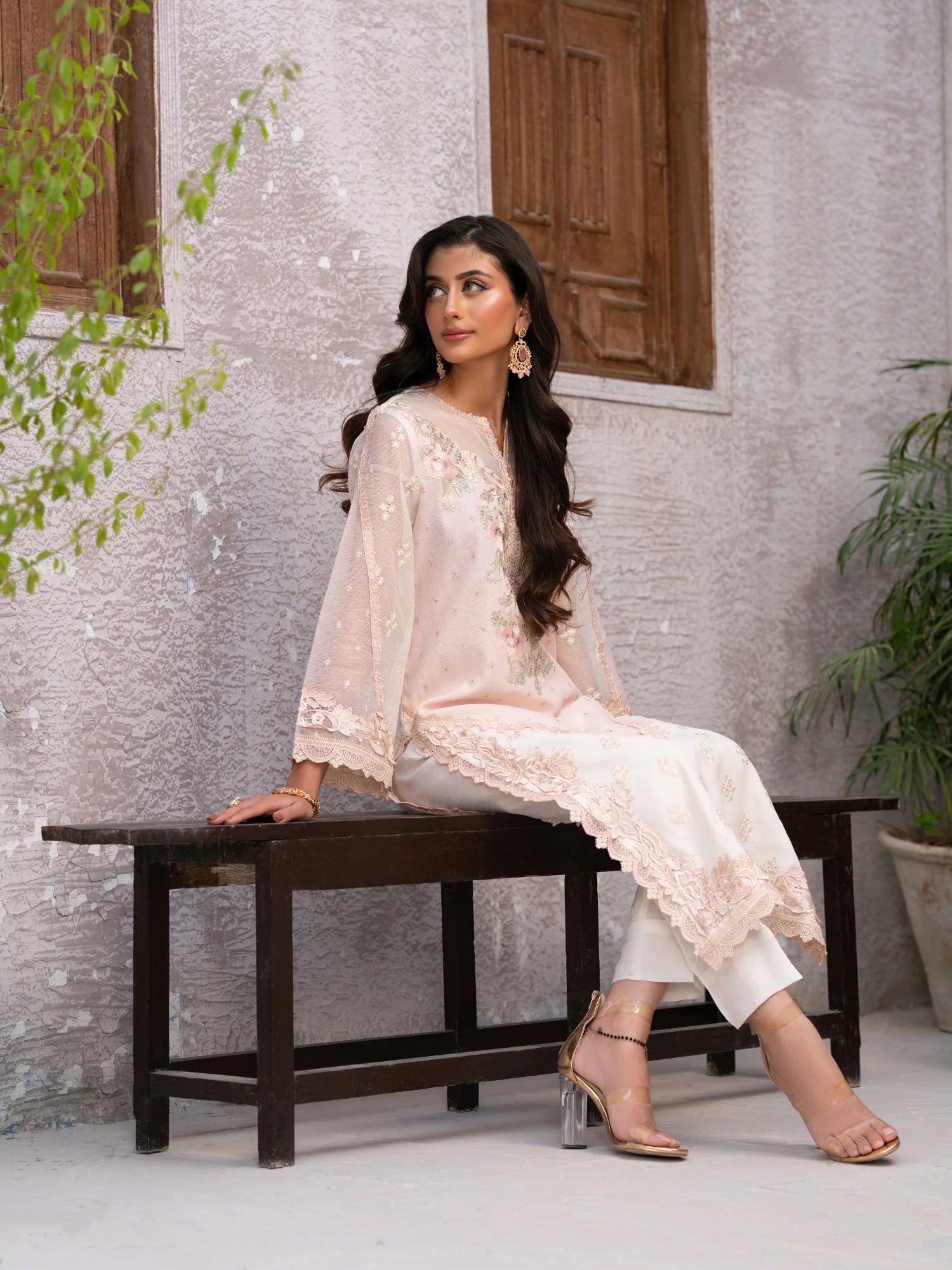 Ivory Manahil Arts Khaddi Net Embroidered Stitched 3-Piece Suit-Blushing Éclat