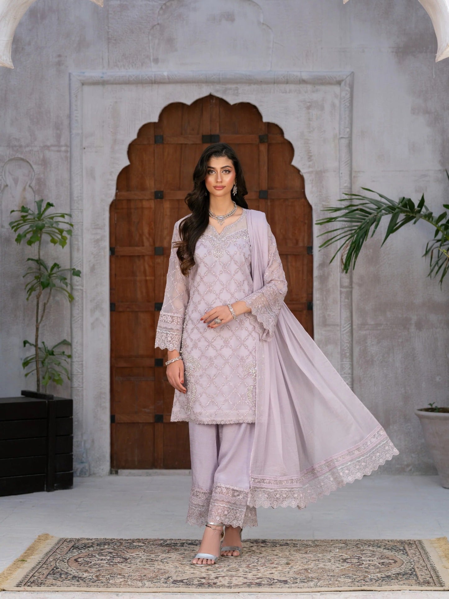 Lilac Manahil Arts Chiffon Embellished Stitched 3-Piece Suit-Lilac Opulence