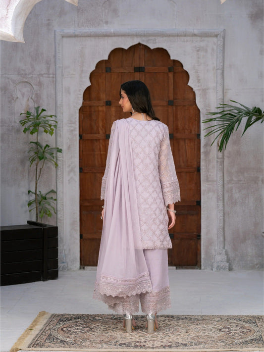 Lilac Manahil Arts Chiffon Embellished Stitched 3-Piece Suit-Lilac Opulence