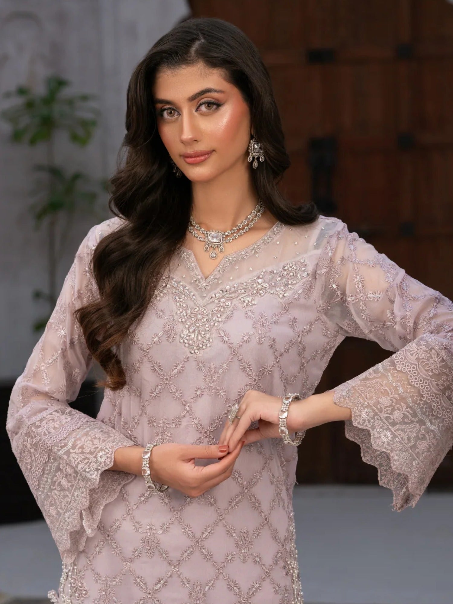 Lilac Manahil Arts Chiffon Embellished Stitched 3-Piece Suit-Lilac Opulence
