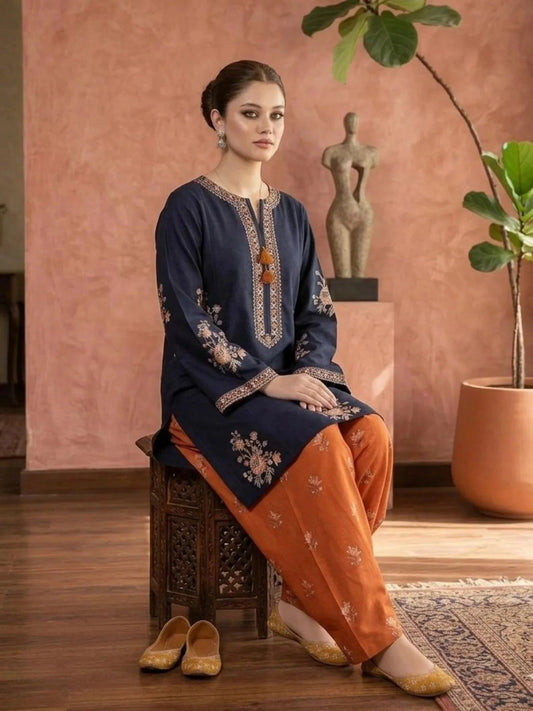 Blue Orange Pyara Jora Linen Embroidered Stitched 2-Piece Suit-Blossom