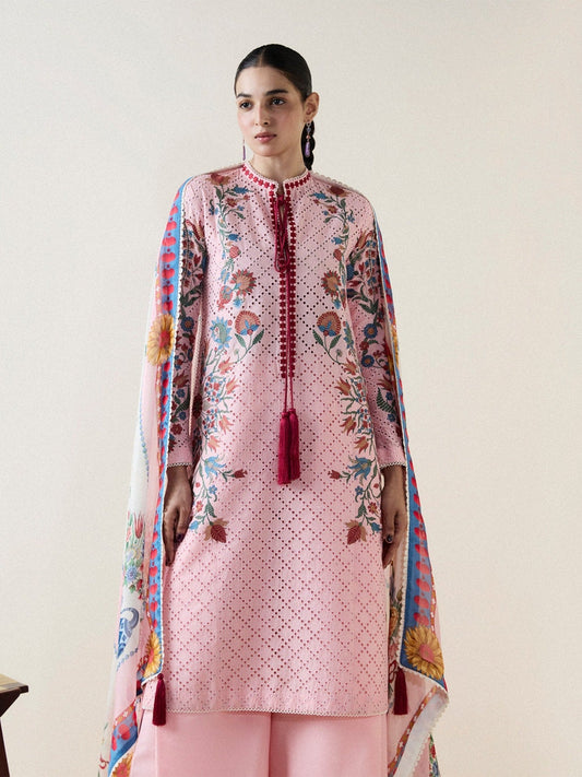 Pink-Jugnu By Hussain Rehar Pret SS26-Edit II Cotton Embroidered Stitched 3-Piece Suit-Piran