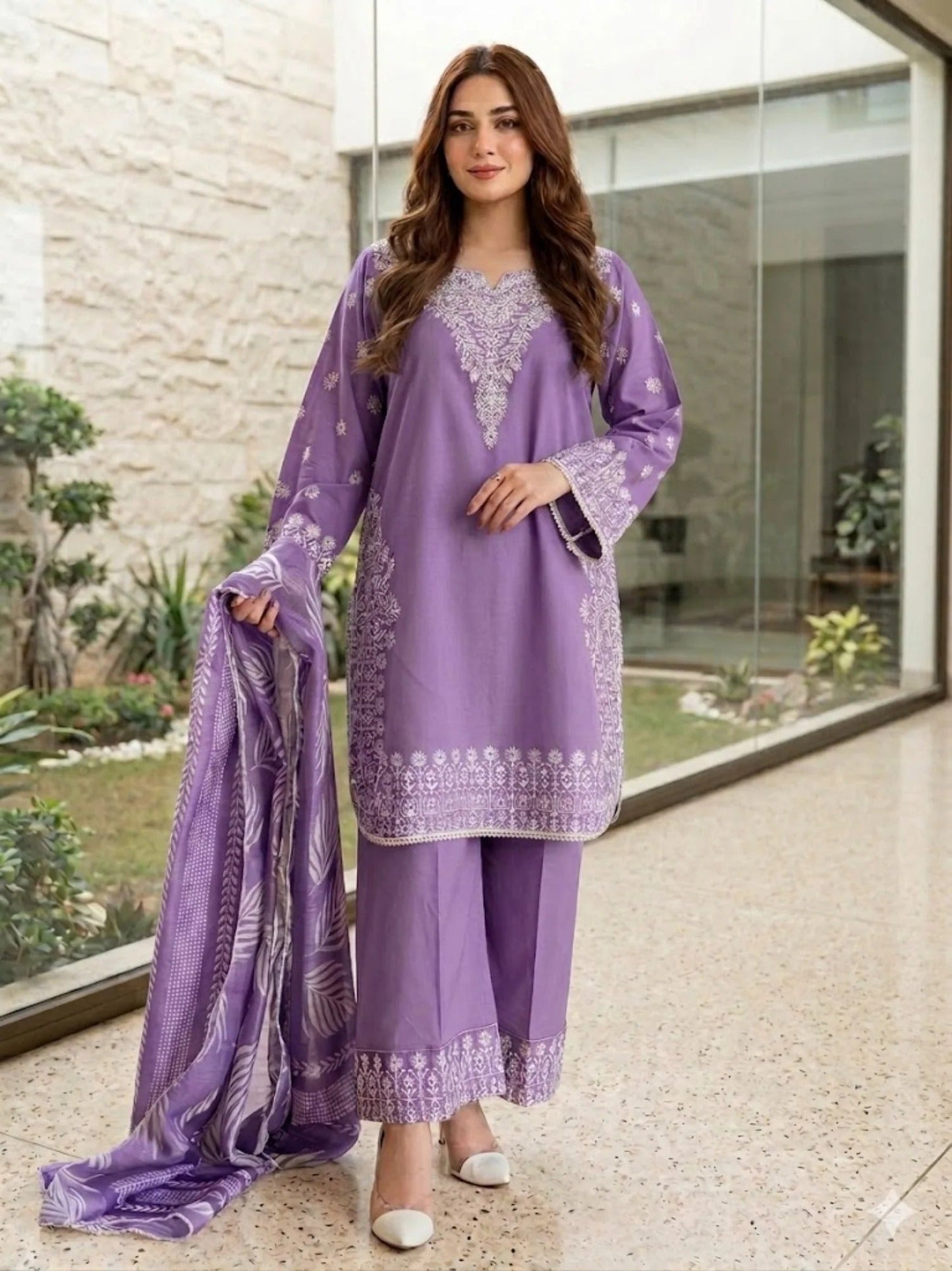 Purple Pyara Jora Lawn Embroidered Stitched 3-Piece Suit-Saibaan