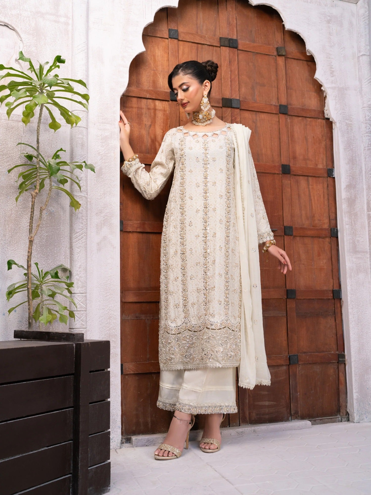 Manahil Arts Tassel Silk Embellished Stitched 3-Piece Suit-Ivory Enchant
