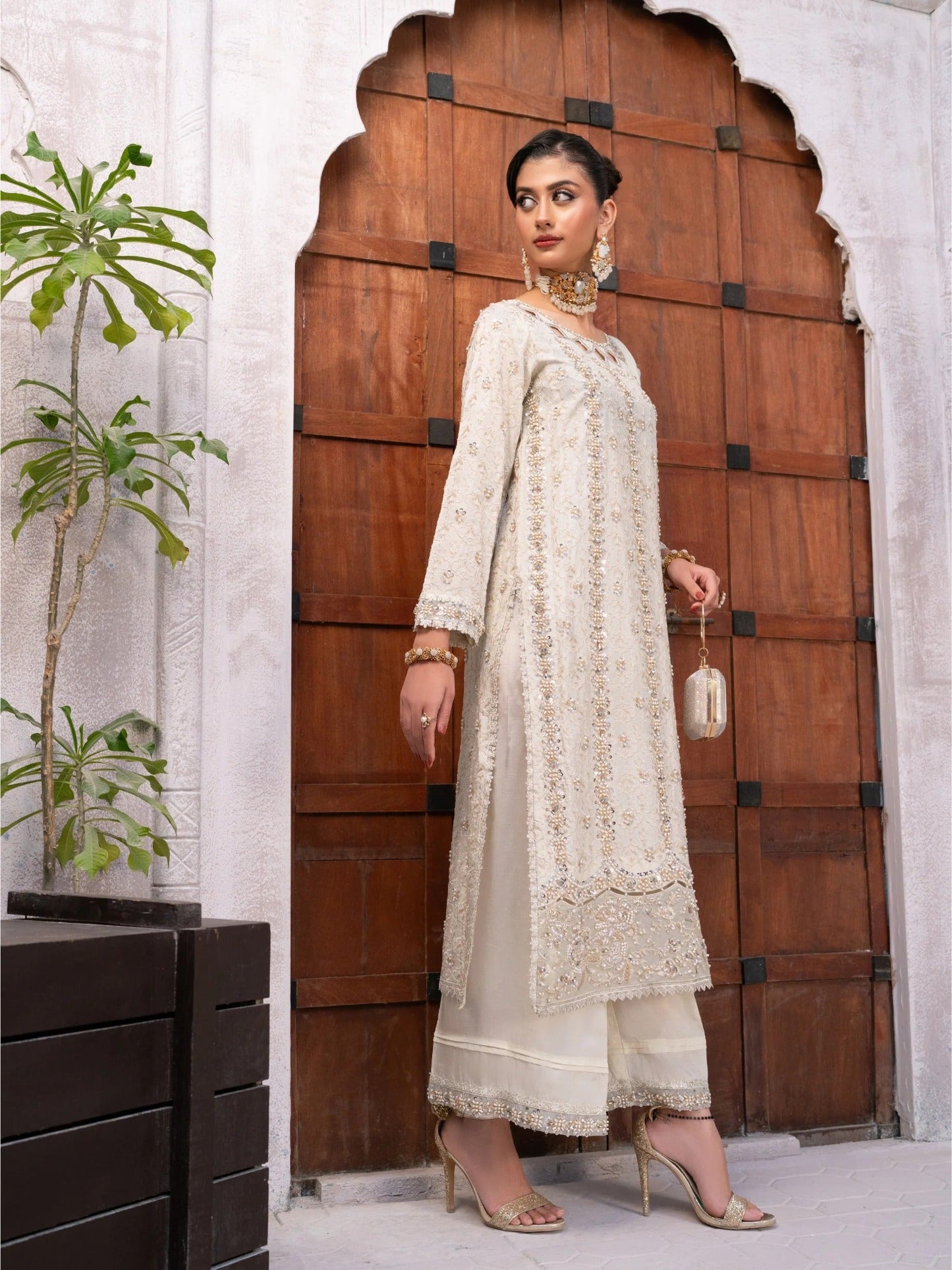 Manahil Arts Tassel Silk Embellished Stitched 3-Piece Suit-Ivory Enchant