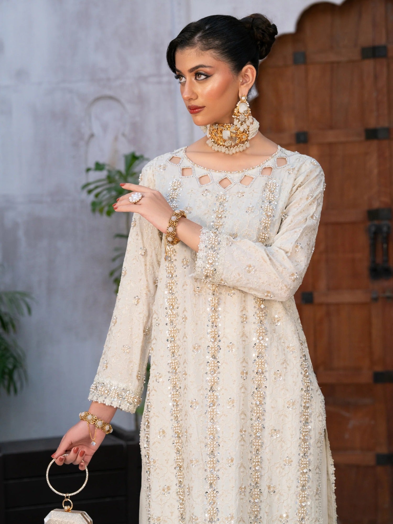 Manahil Arts Tassel Silk Embellished Stitched 3-Piece Suit-Ivory Enchant