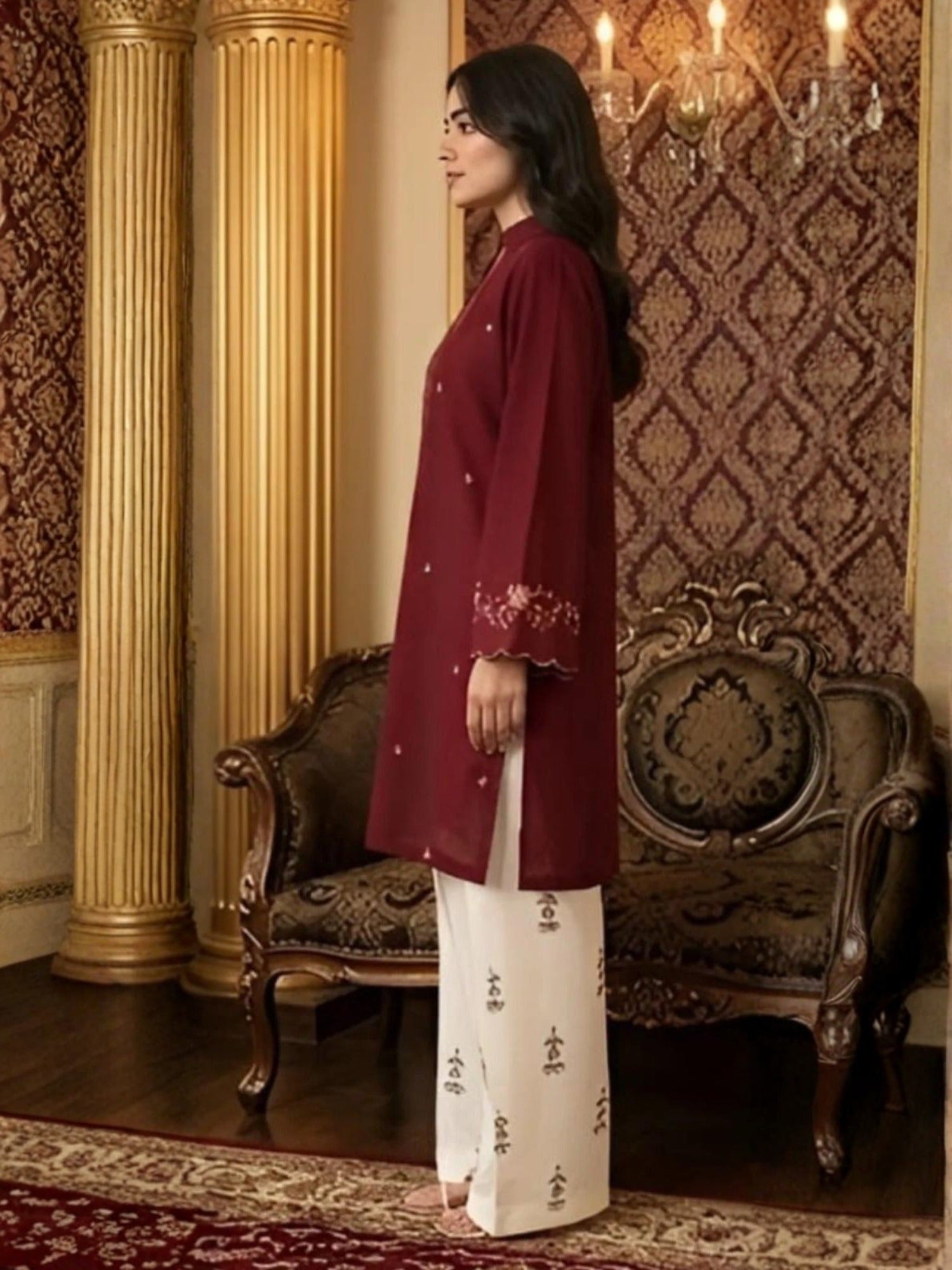 Maroon Pyara Jora Lawn Embroidered Stitched 3-Piece Suit-Sadaf
