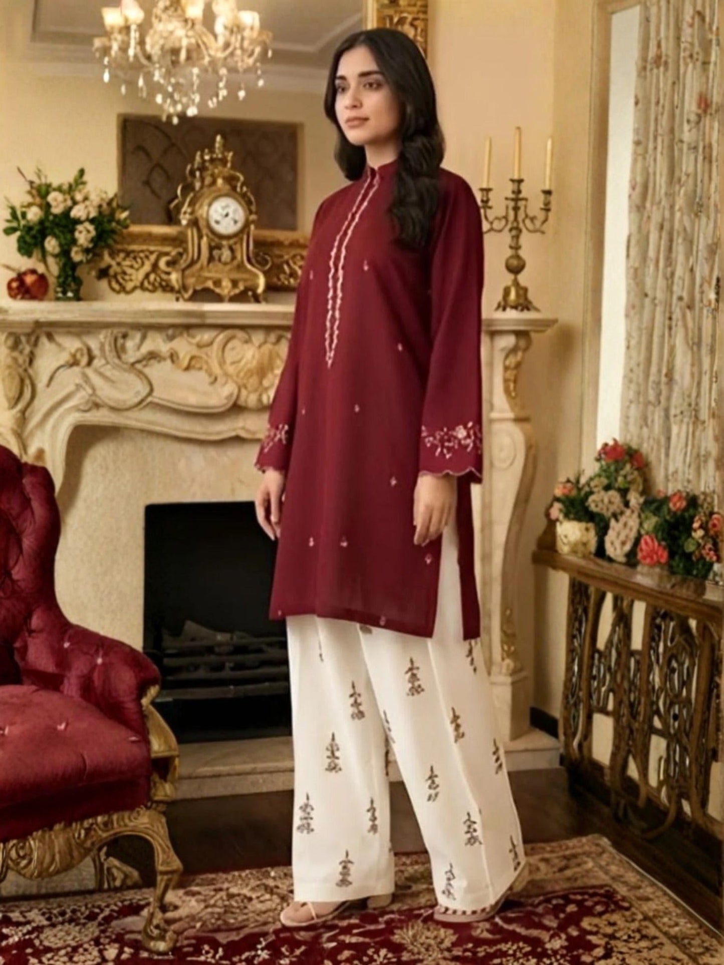 Maroon Pyara Jora Lawn Embroidered Stitched 3-Piece Suit-Sadaf