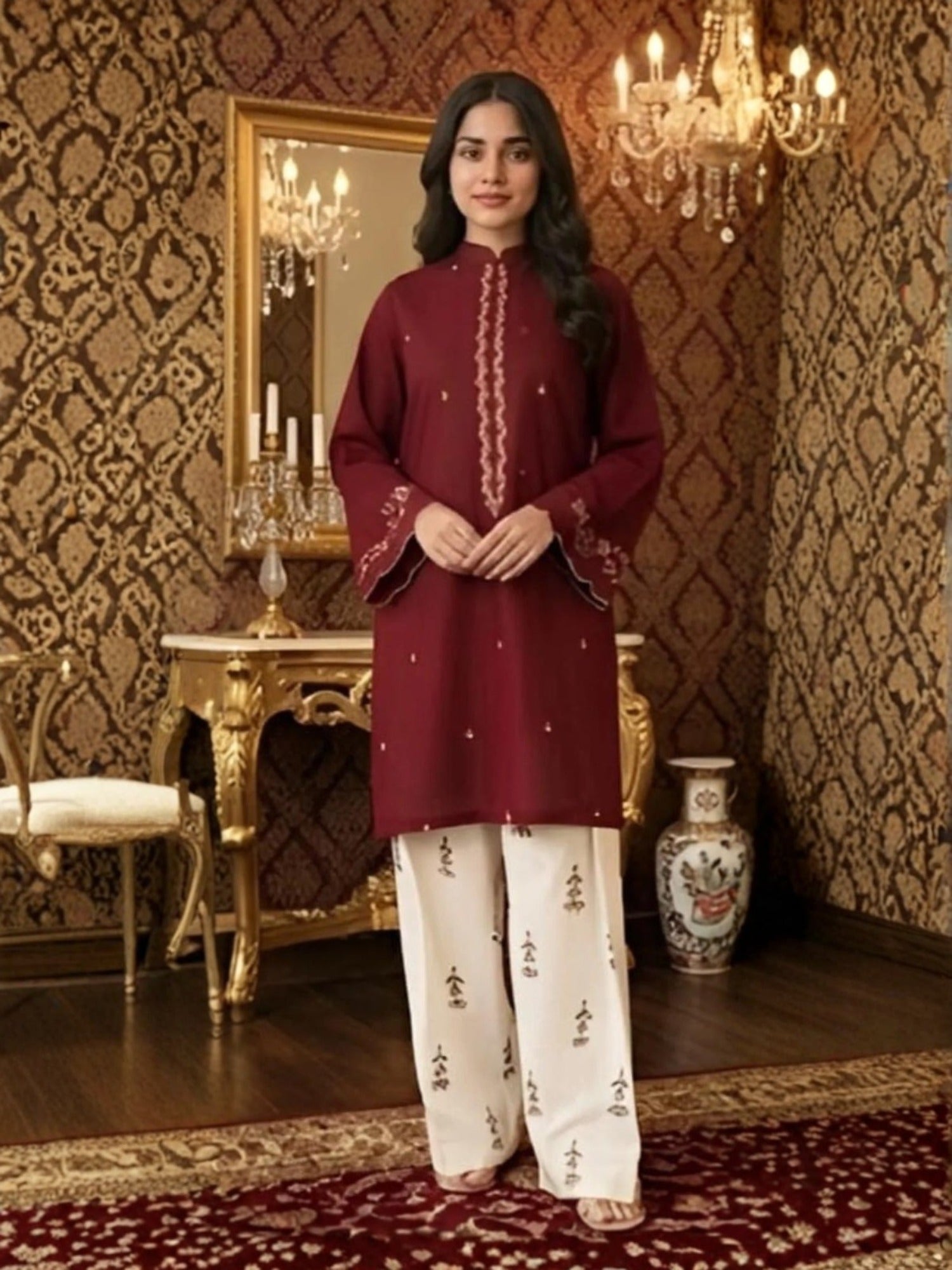 Maroon Pyara Jora Lawn Embroidered Stitched 3-Piece Suit-Sadaf