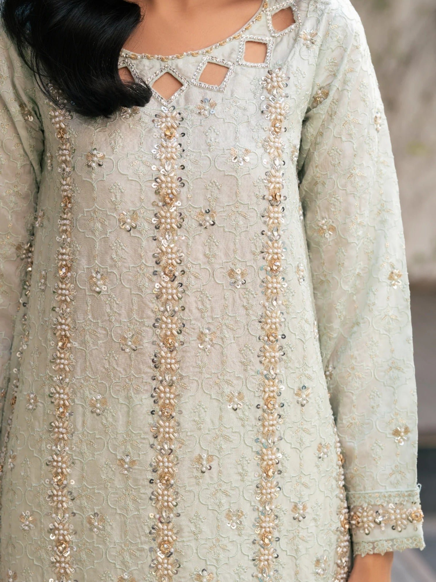 Mint green Manahil Arts Viscose Tassel Silk Embellished Stitched 3-Piece Suit-Mint Enchant