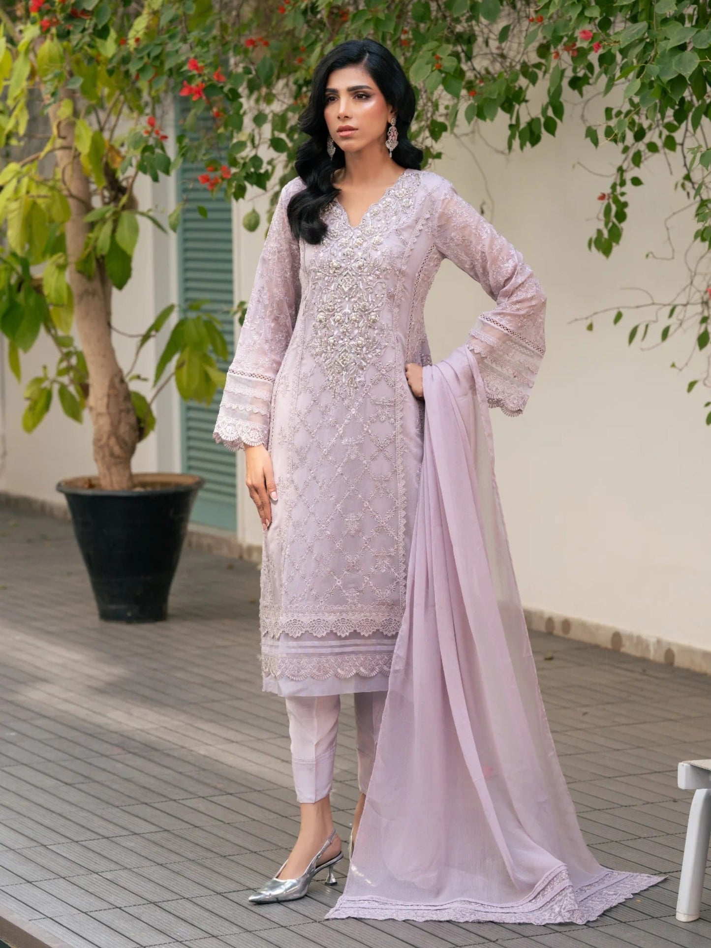 Lilac Manahil Arts Chiffon Embroidered Stitched 3-Piece Suit-K-239