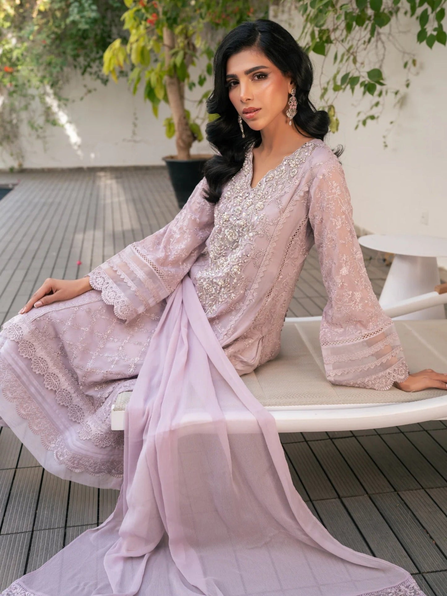 Lilac Manahil Arts Chiffon Embroidered Stitched 3-Piece Suit-K-239