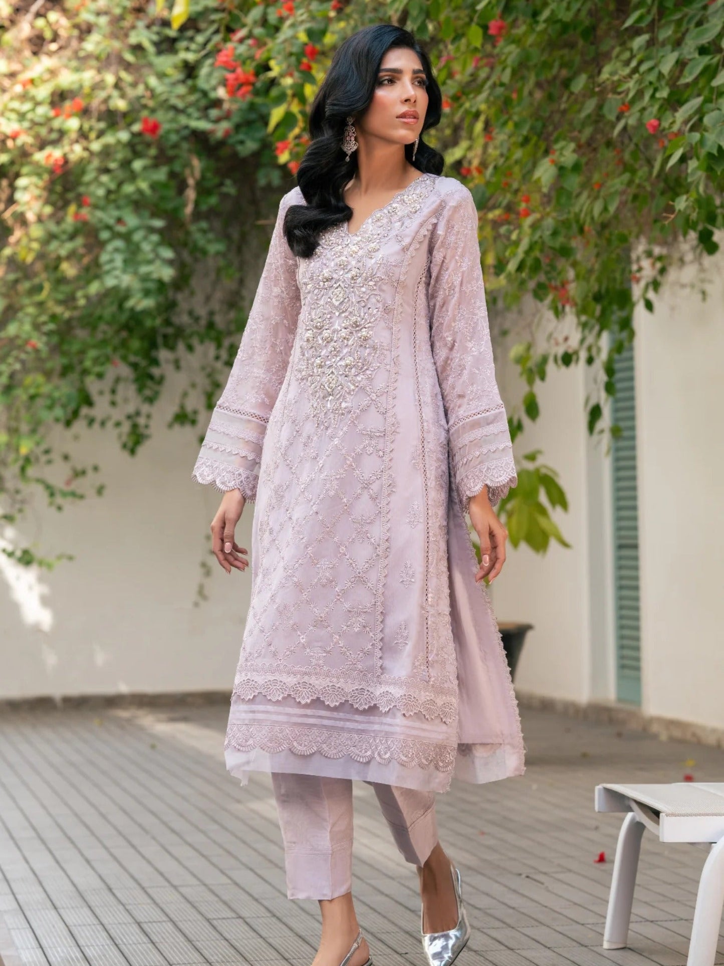 Lilac Manahil Arts Chiffon Embroidered Stitched 3-Piece Suit-K-239