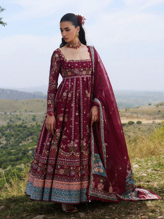 Maroon Hussain Rehar Jinan'26 Lawn Embroidered Unstitched 3-Piece Suit-Nousheen