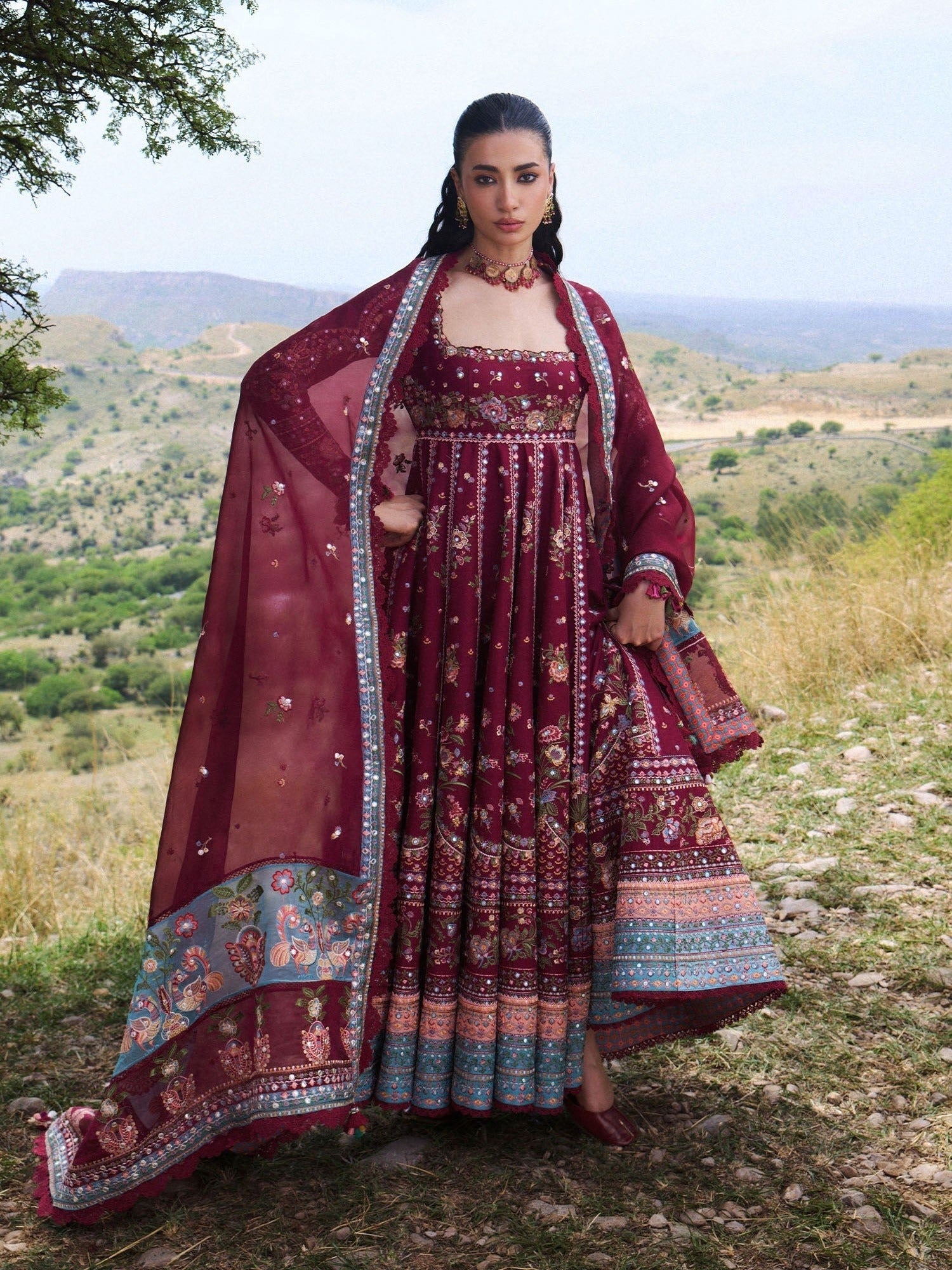 Maroon Hussain Rehar Jinan'26 Lawn Embroidered Unstitched 3-Piece Suit-Nousheen