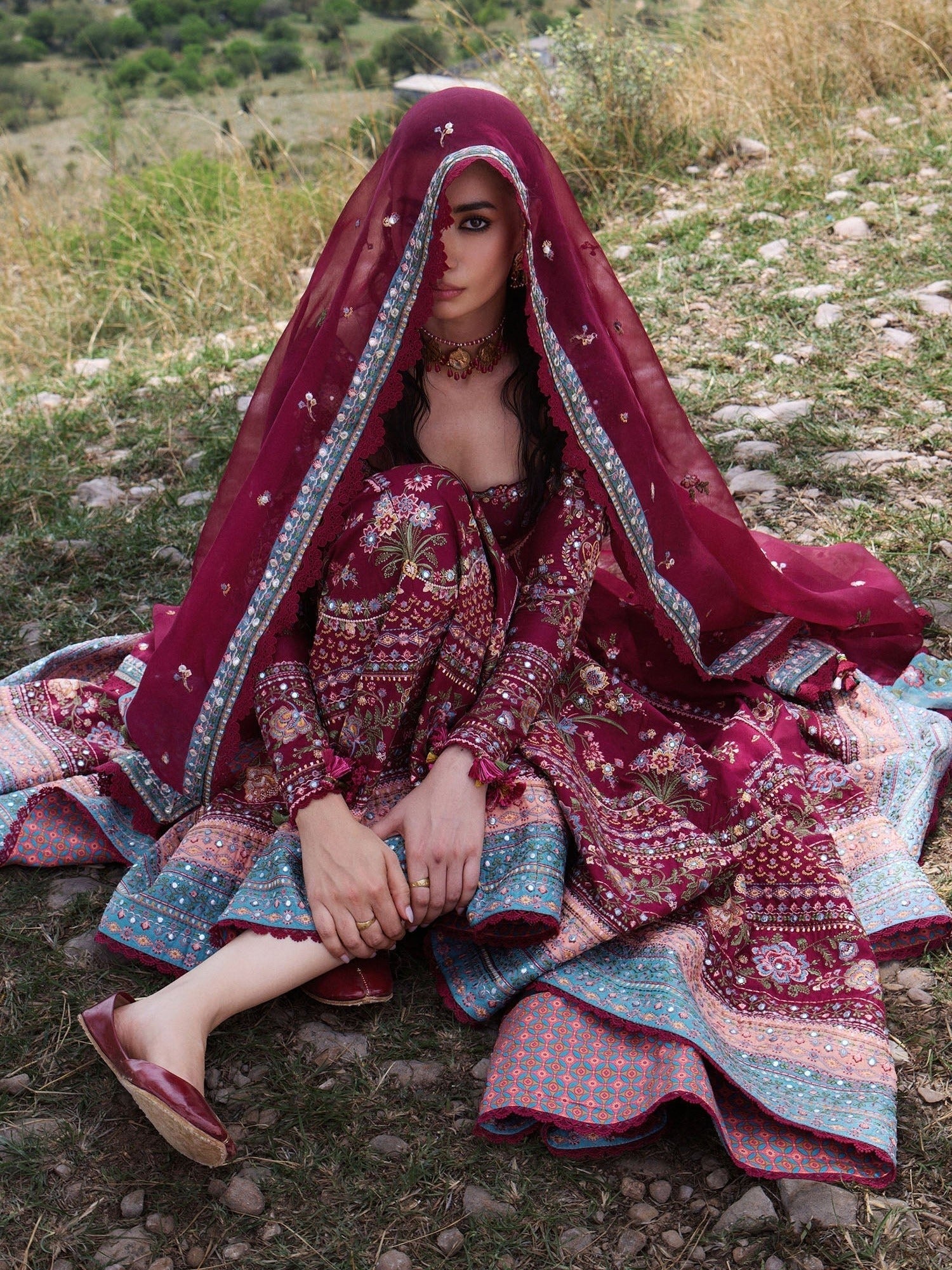 Maroon Hussain Rehar Jinan'26 Lawn Embroidered Unstitched 3-Piece Suit-Nousheen