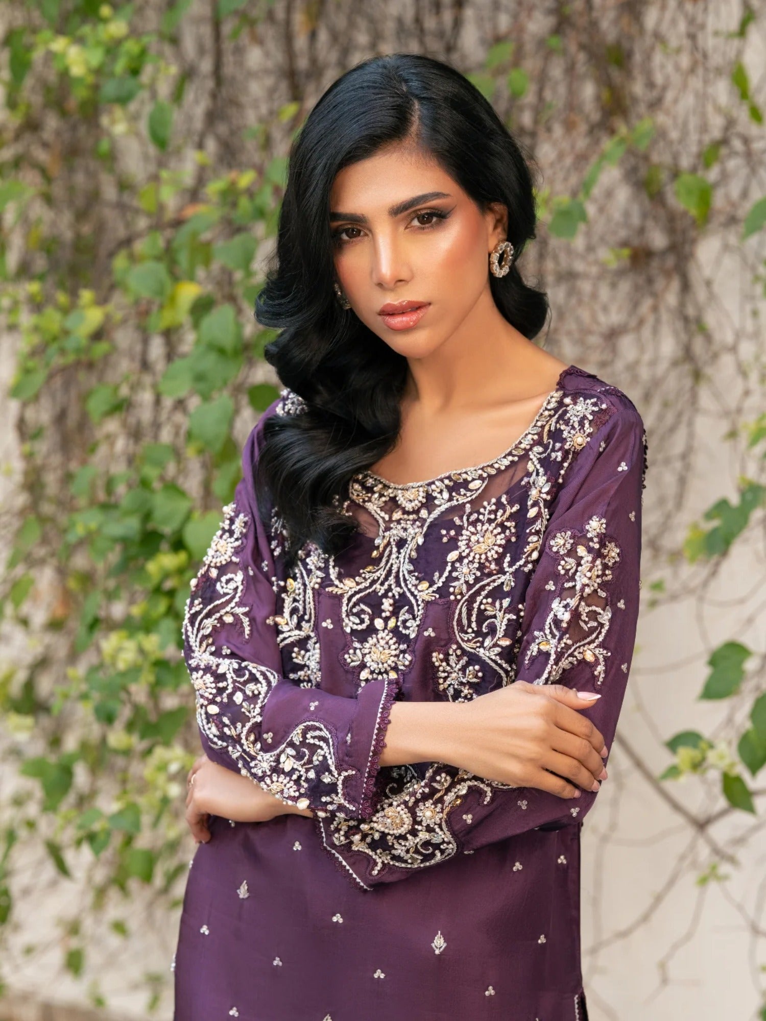 Purple Manahil Arts Viscose Silk Embroidered Stitched 3-Piece Suit-K-263-Purple