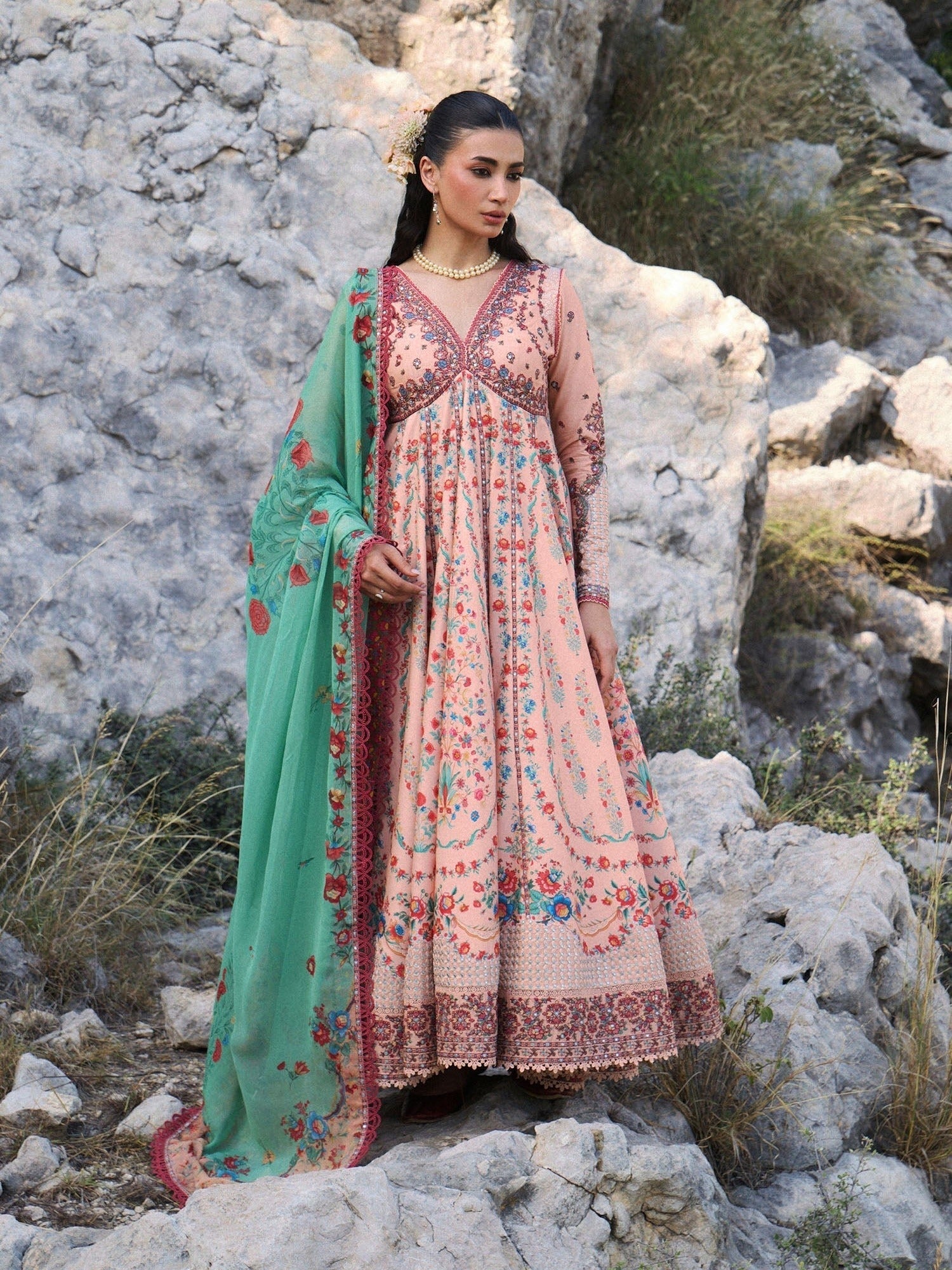 Peach Hussain Rehar Jinan'26 Lawn Embroidered Unstitched 3-Piece Suit-Chitlali