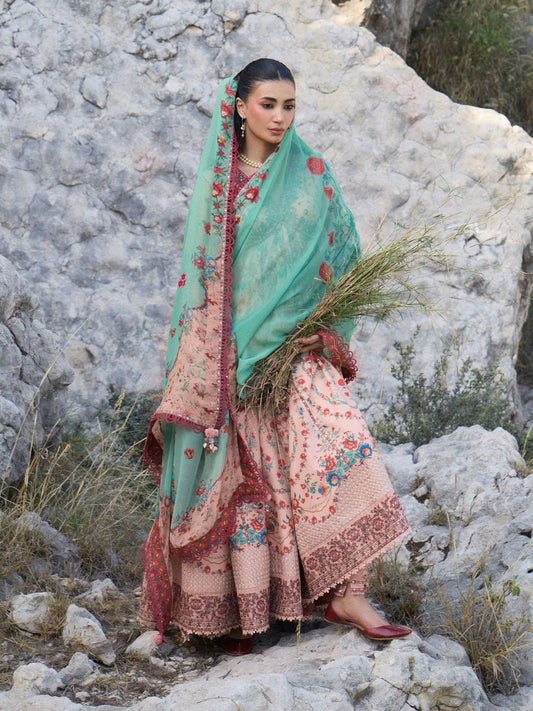 Peach Hussain Rehar Jinan'26 Lawn Embroidered Unstitched 3-Piece Suit-Chitlali