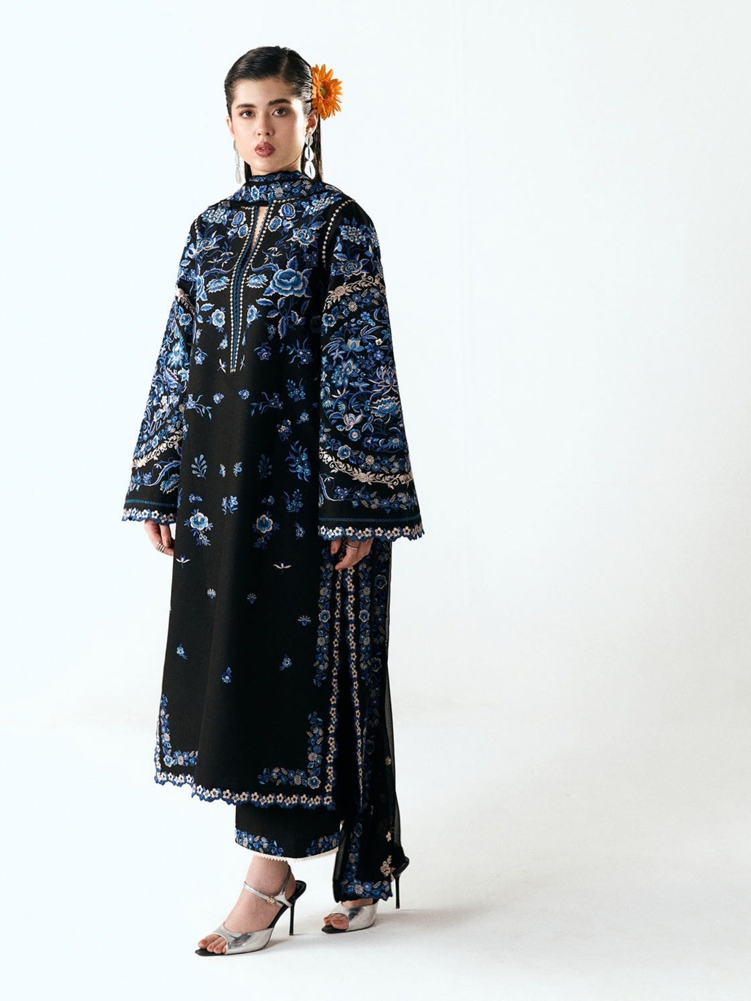 Black-Jugnu By Hussain Rehar SS26 Edit III Cotton Embroidered Unstitched 3-Piece Suit-Ari