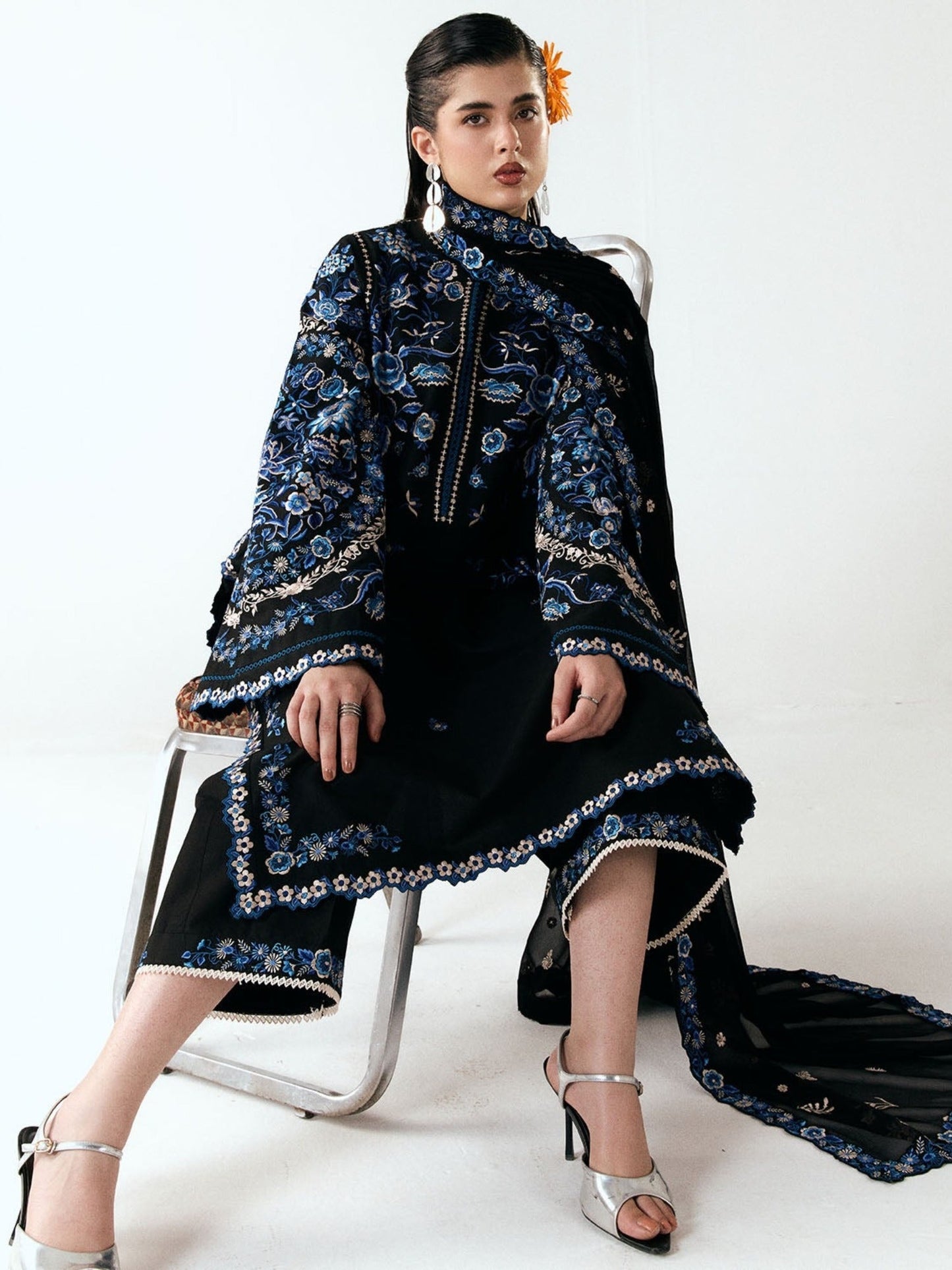 Black-Jugnu By Hussain Rehar SS26 Edit III Cotton Embroidered Unstitched 3-Piece Suit-Ari