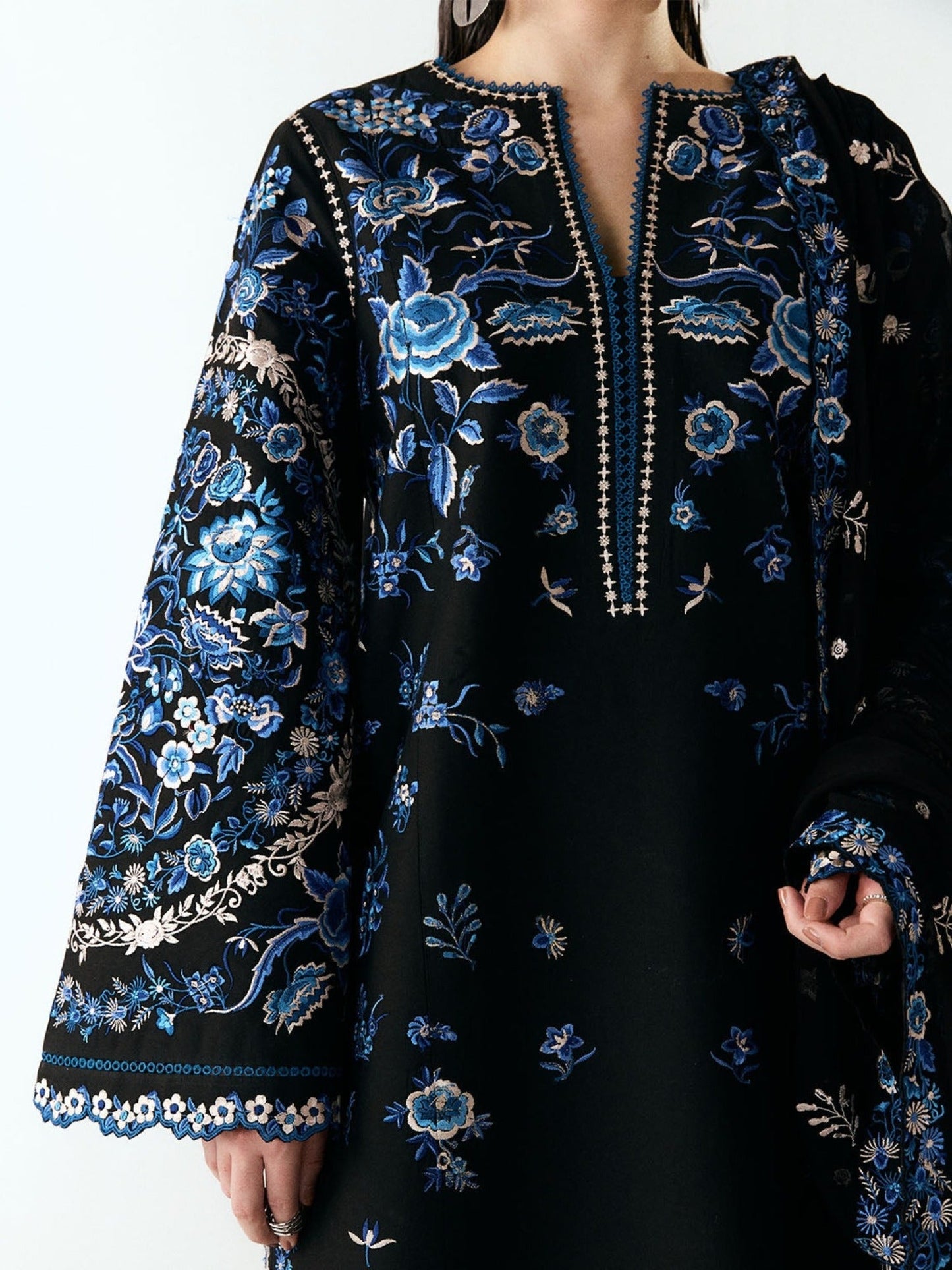 Black-Jugnu By Hussain Rehar SS26 Edit III Cotton Embroidered Unstitched 3-Piece Suit-Ari