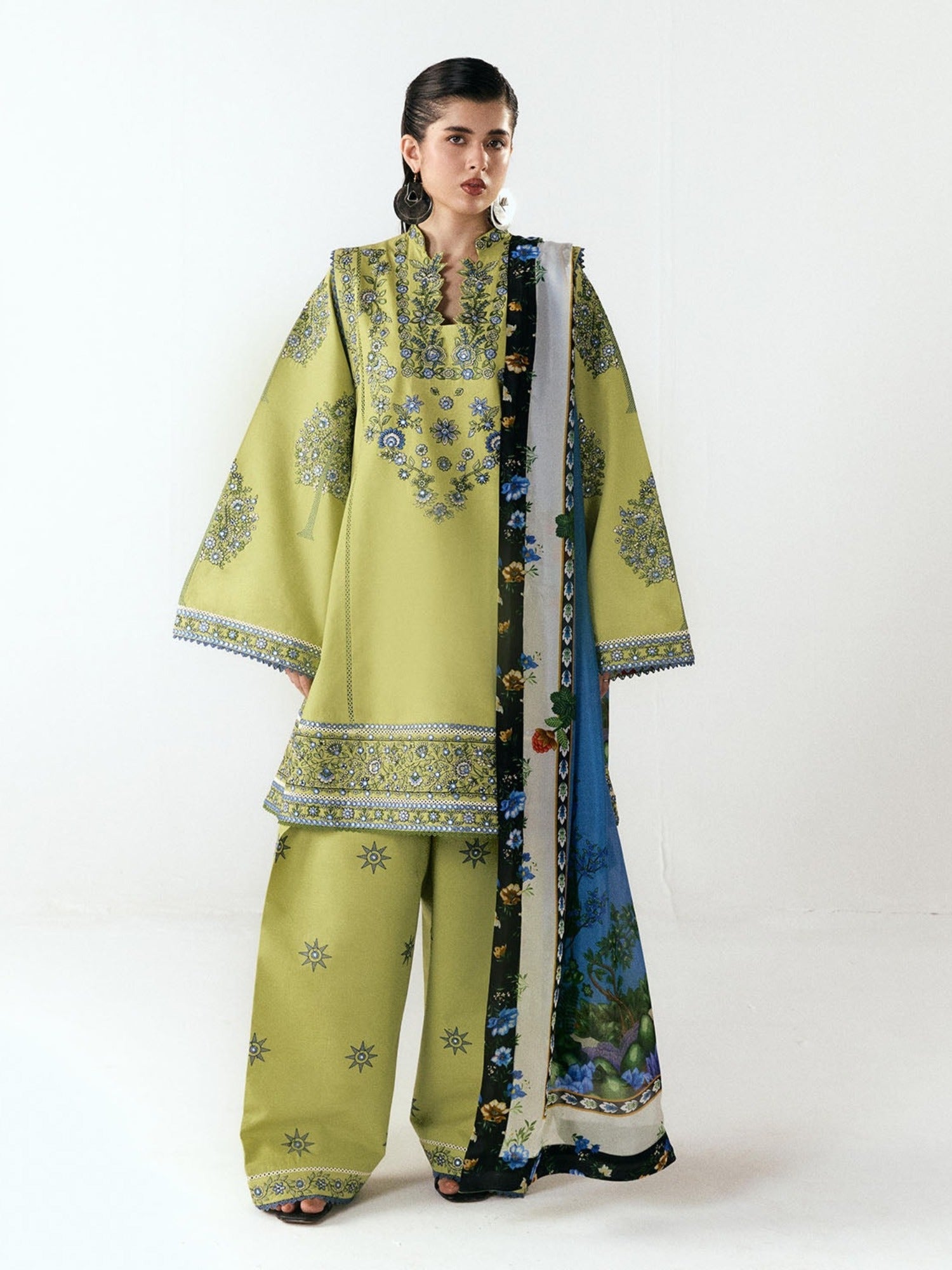 Green-Jugnu By Hussain Rehar SS26 Edit III Cotton Embroidered Unstitched 3-Piece Suit-Mai